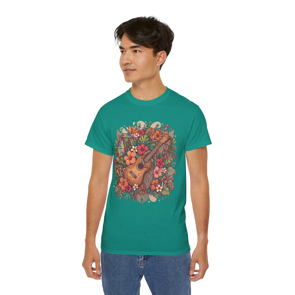 Floral Ukulele T-Shirt — Tropical Guitar & Hibiscus Flower Tee