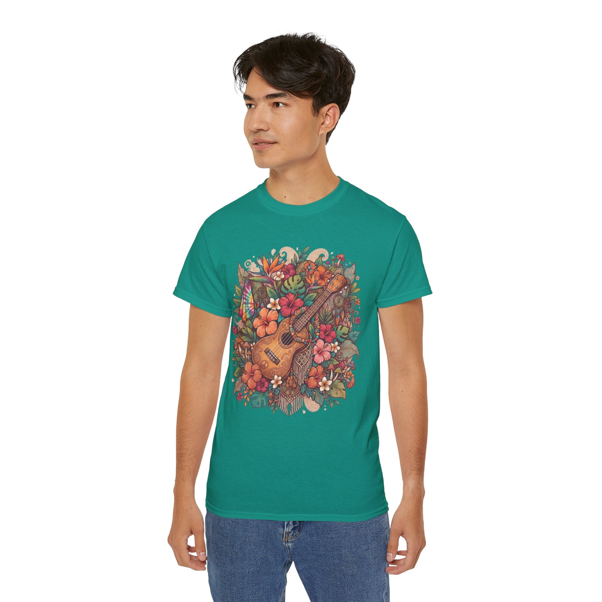 Floral Ukulele T-Shirt — Tropical Guitar & Hibiscus Flower Tee