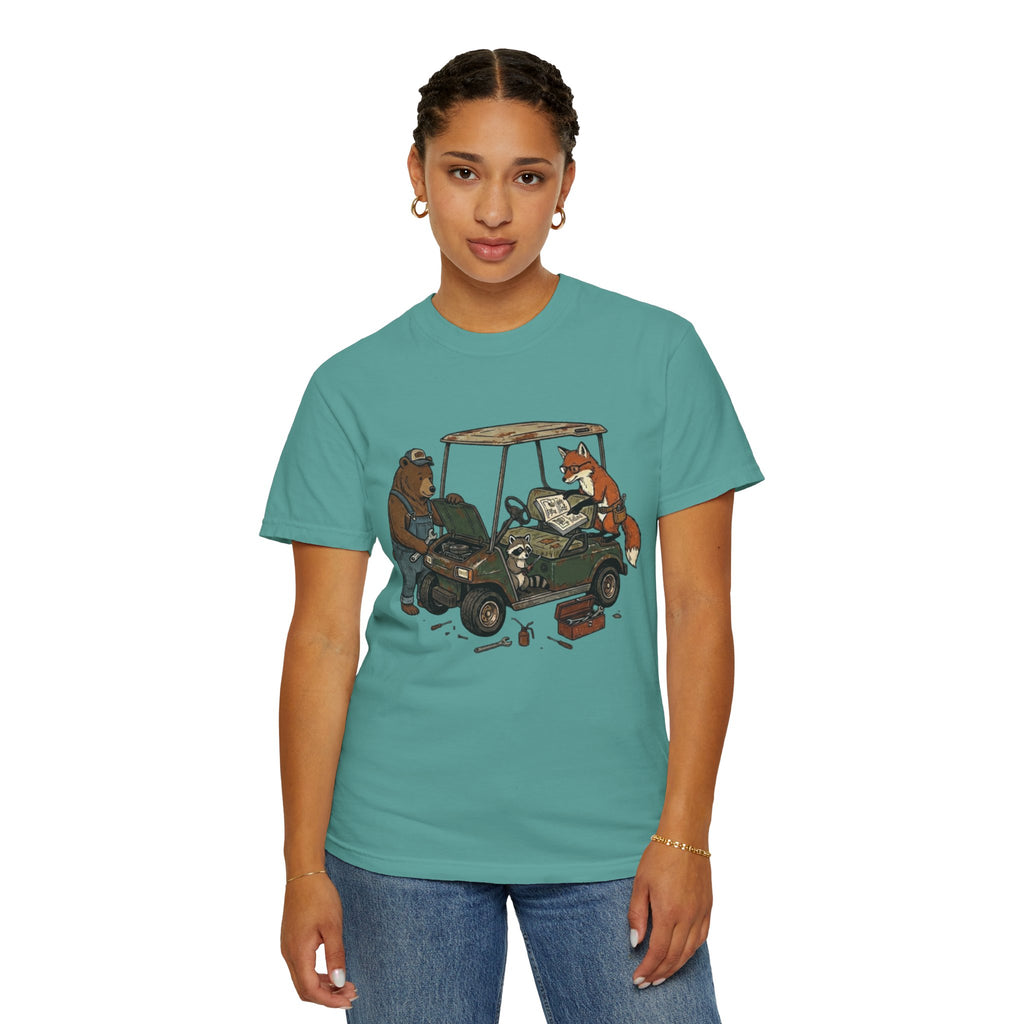 Golf Cart Mechanics T-Shirt — Bear & Fox Cartoon Repair Design