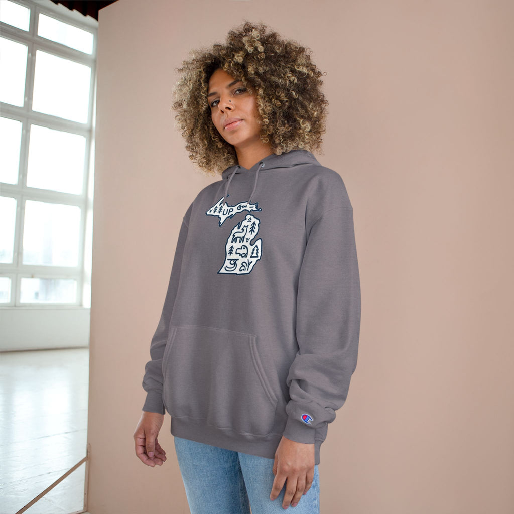 Michigan Map Champion Hoodie — Cozy State Pride Pullover with Iconic Symbols