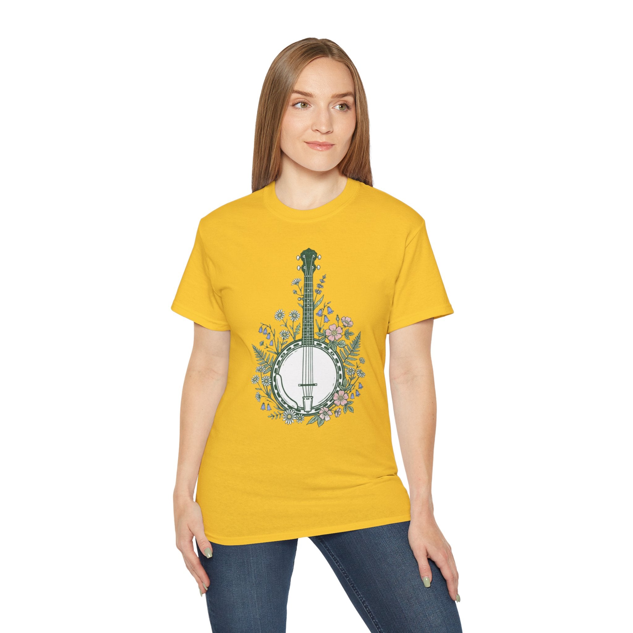 Floral Banjo Tee — Botanical Music Graphic T-Shirt