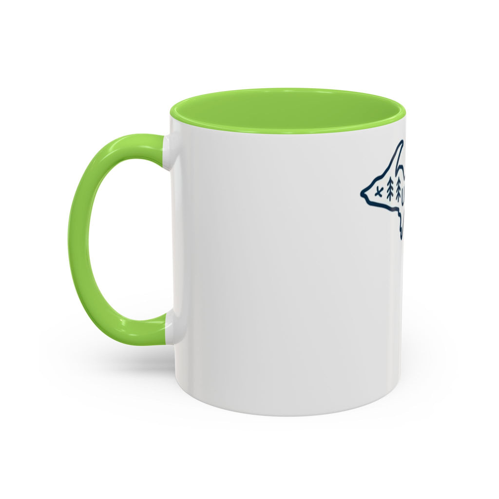 Michigan Outline Mug with UP & Outdoor Icons – Great Lakes State Coffee Cup (11oz/15oz)