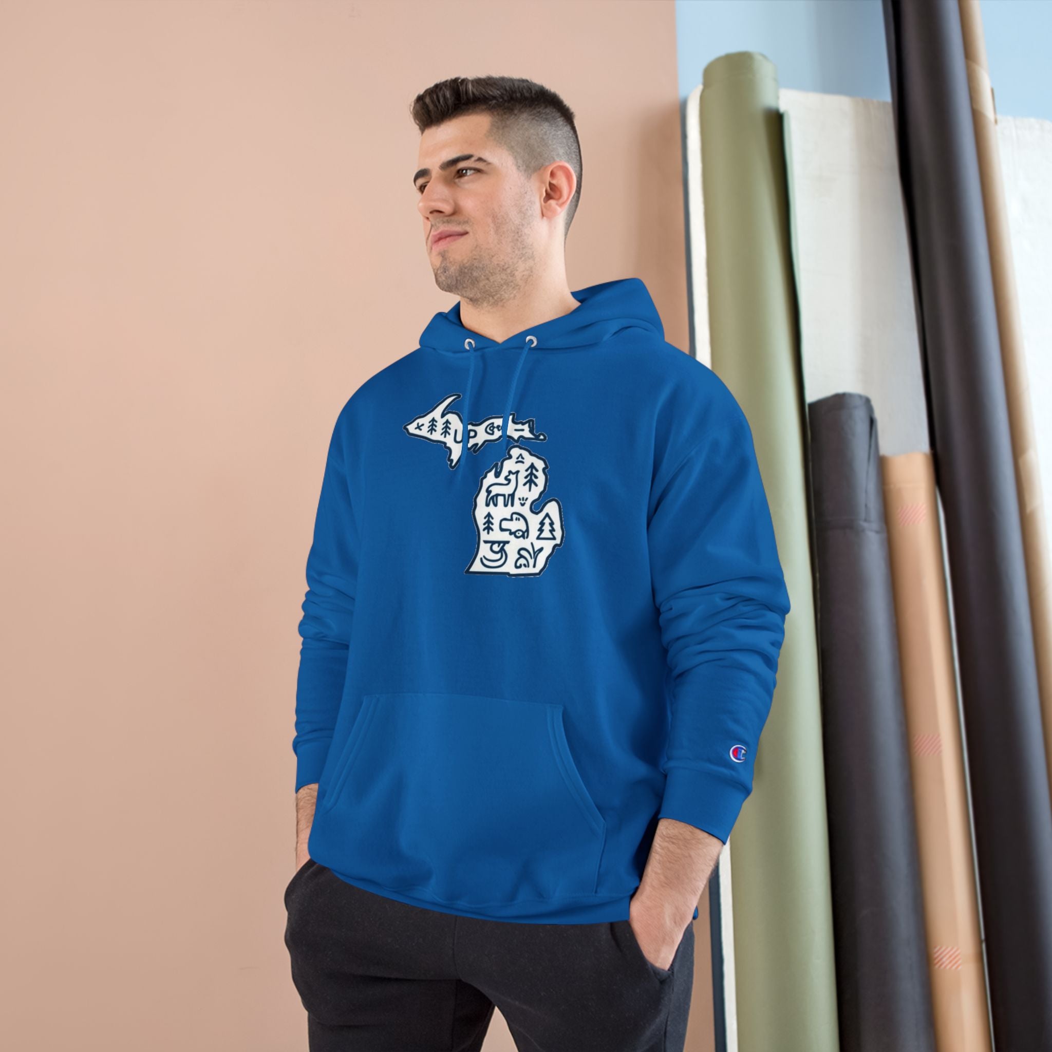 Michigan Map Champion Hoodie — Cozy State Pride Pullover with Iconic Symbols