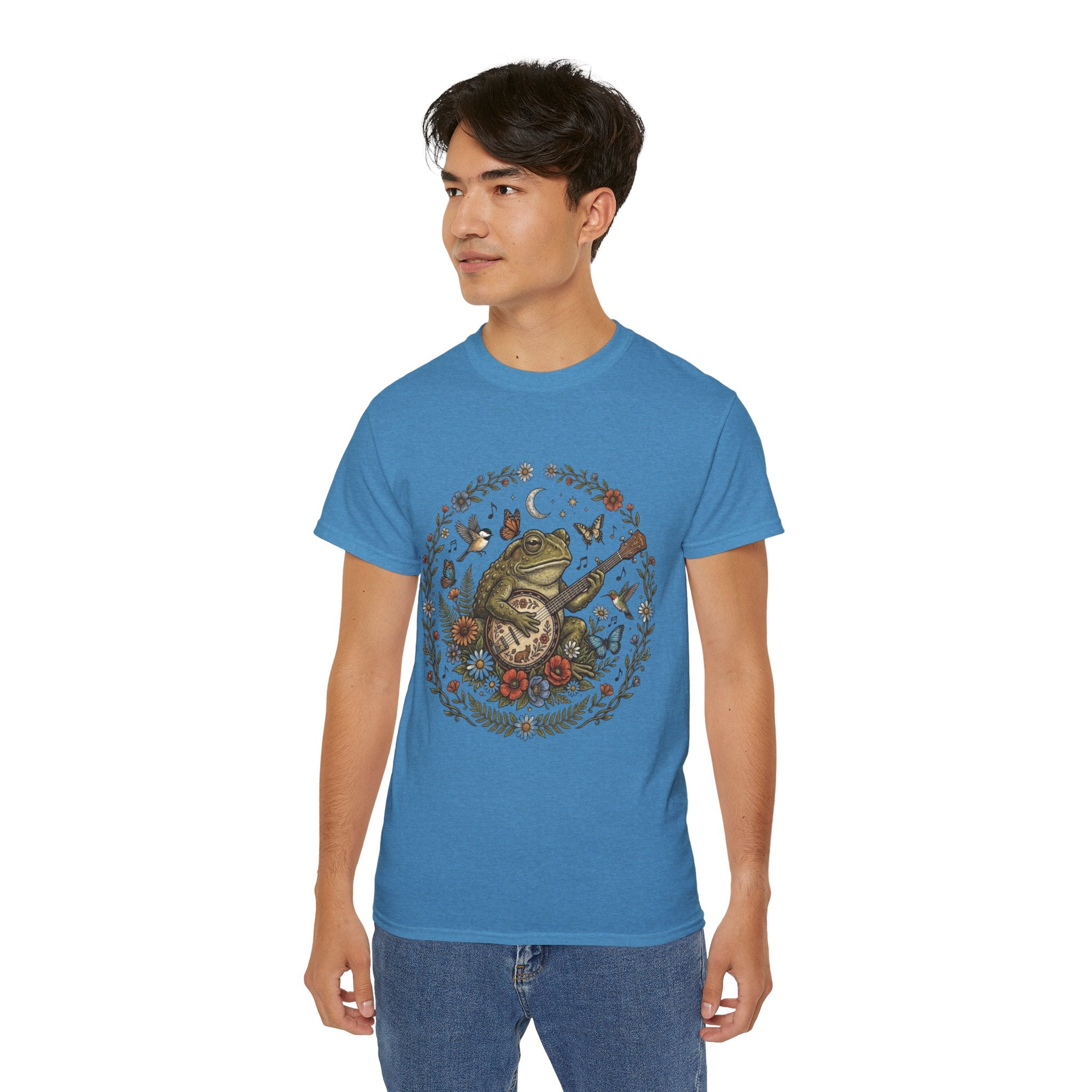 Folk Art Toad Banjo Tee — Floral Moonlight Frog Banjo  T-Shirt