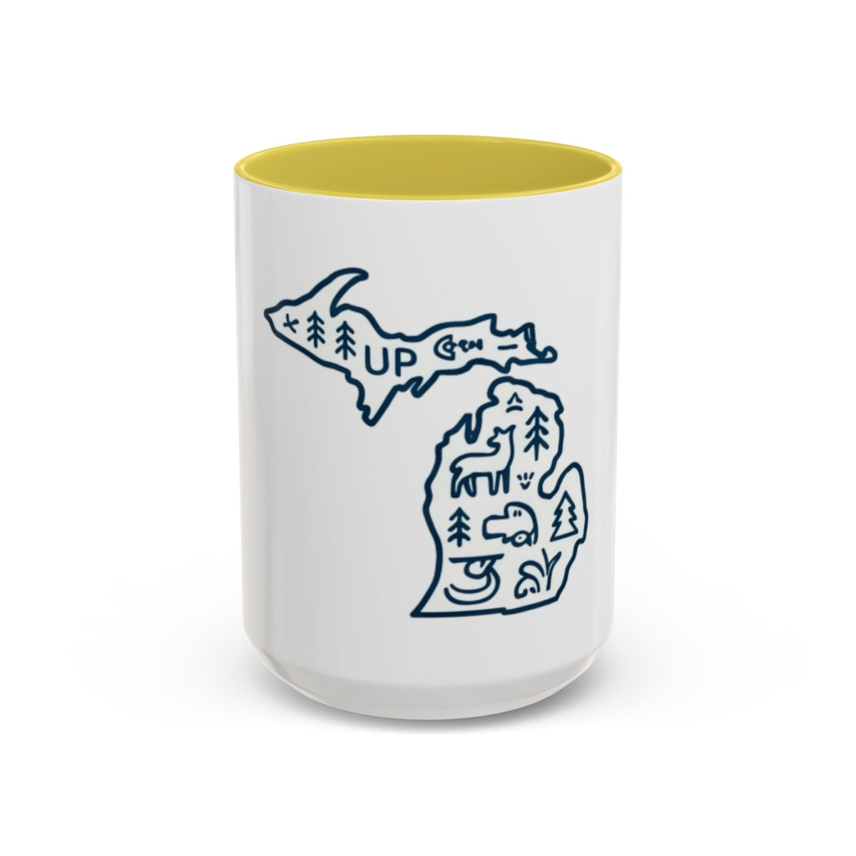 Michigan Outline Mug with UP & Outdoor Icons – Great Lakes State Coffee Cup (11oz/15oz)