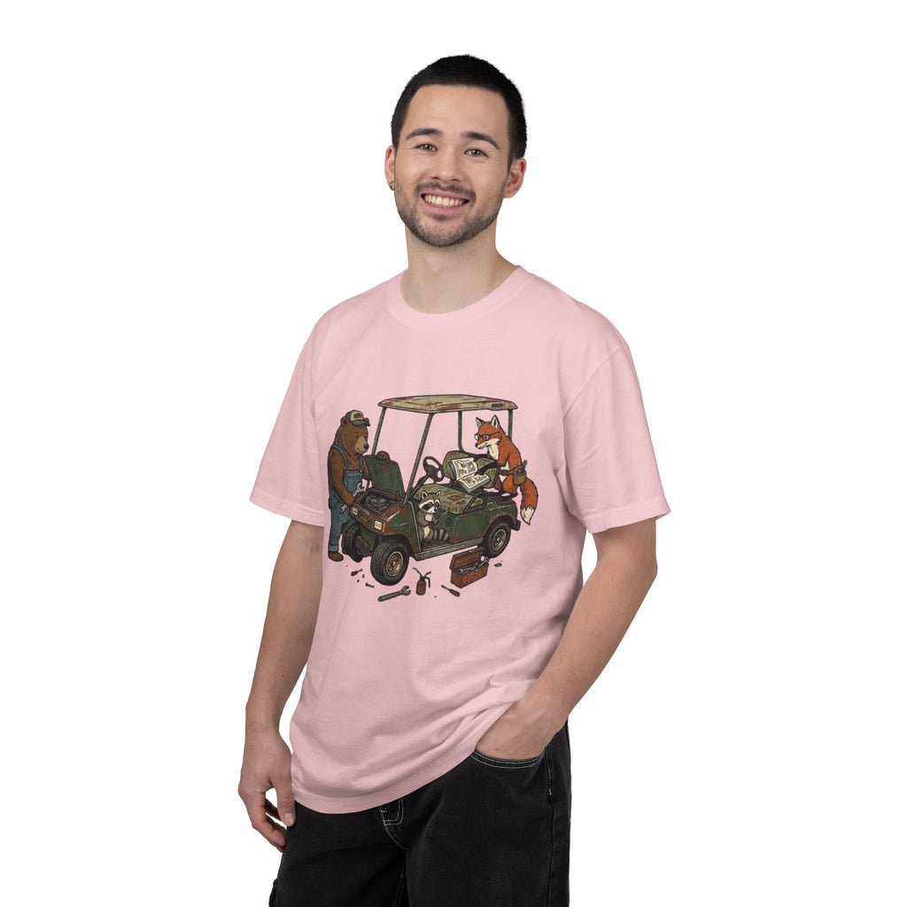 Golf Cart Mechanics T-Shirt — Bear & Fox Cartoon Repair Design