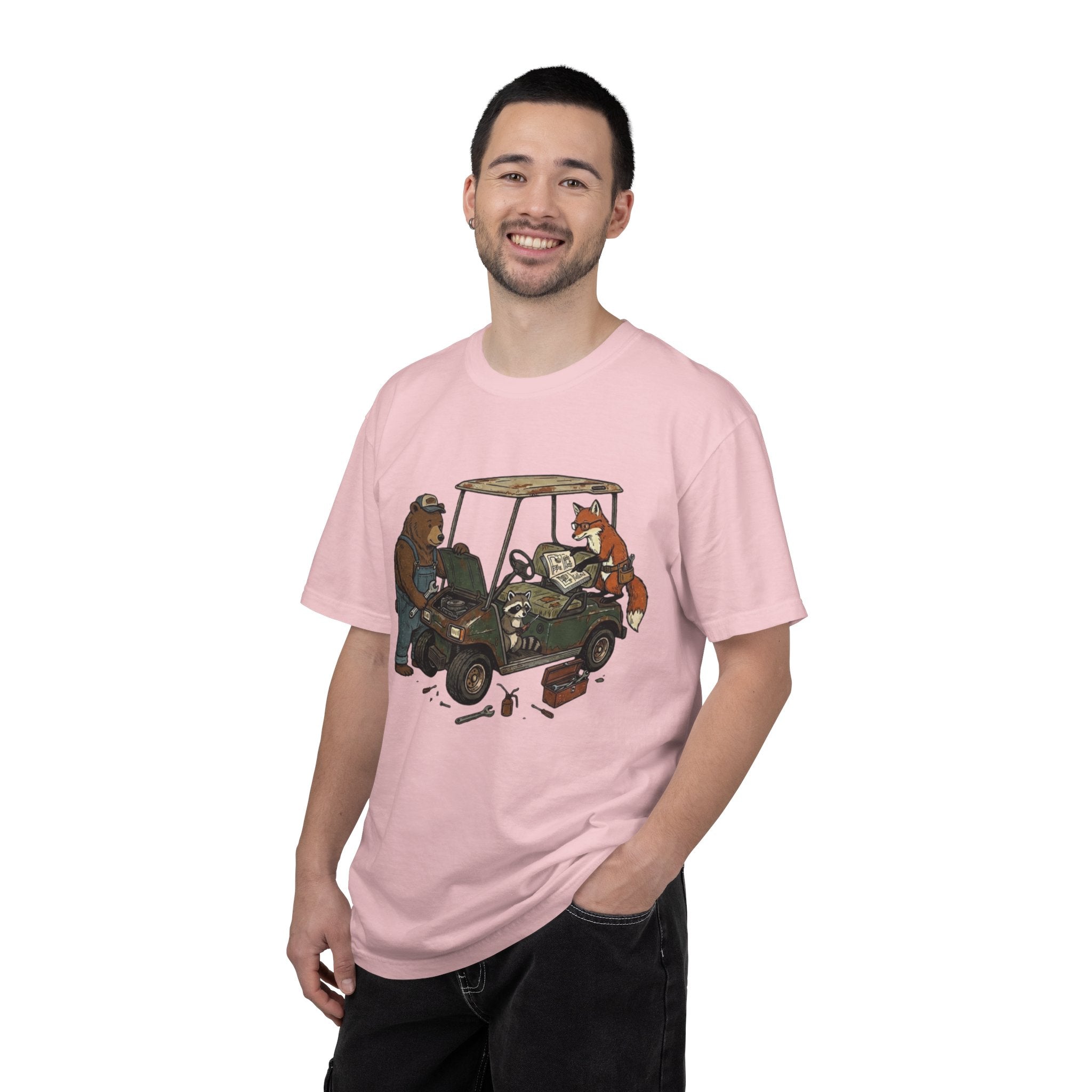 Golf Cart Mechanics T-Shirt — Bear & Fox Cartoon Repair Design