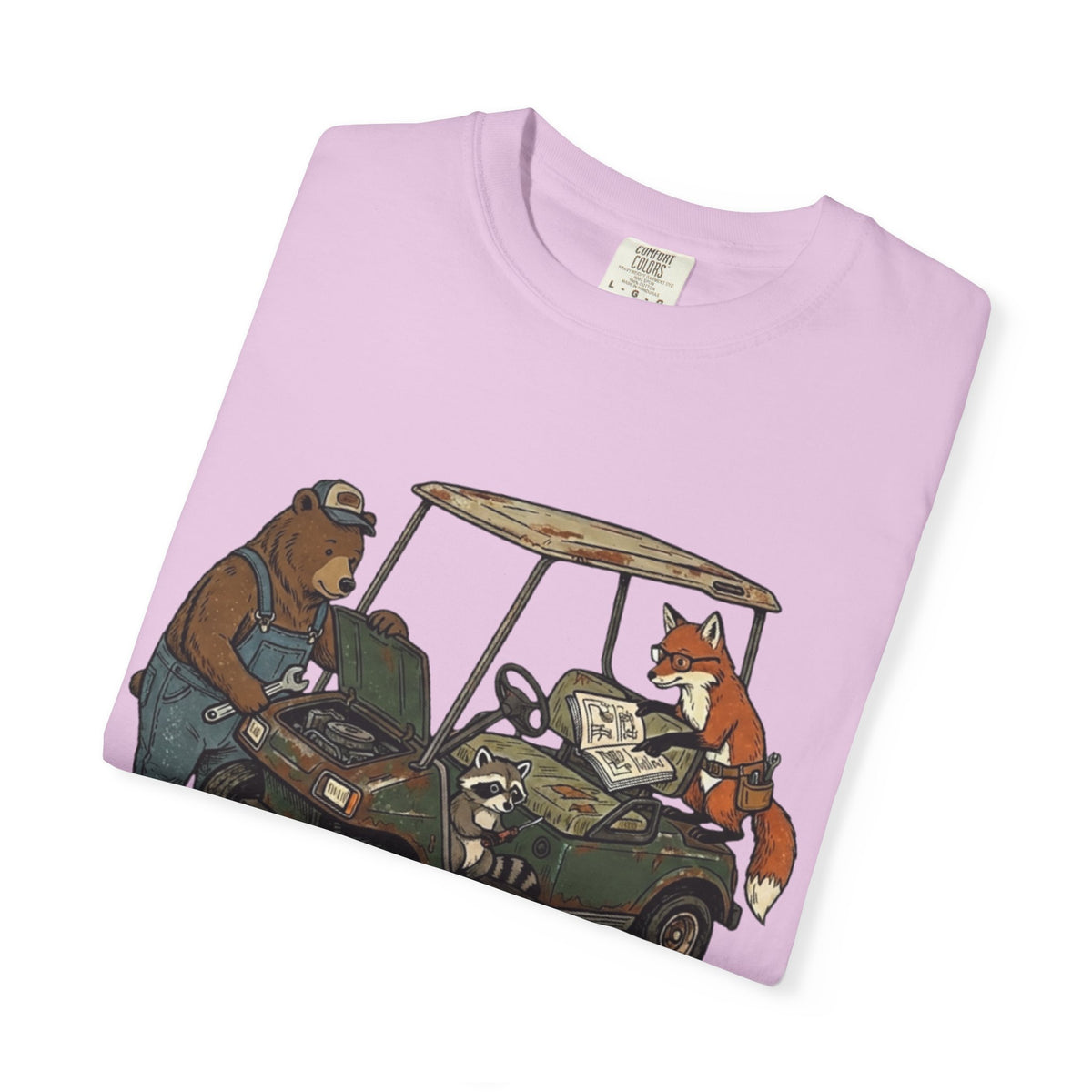Golf Cart Mechanics T-Shirt — Bear & Fox Cartoon Repair Design