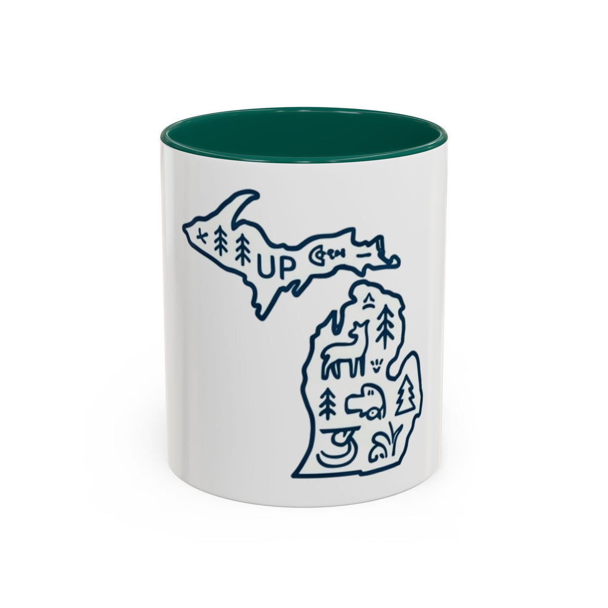 Michigan Outline Mug with UP & Outdoor Icons – Great Lakes State Coffee Cup (11oz/15oz)