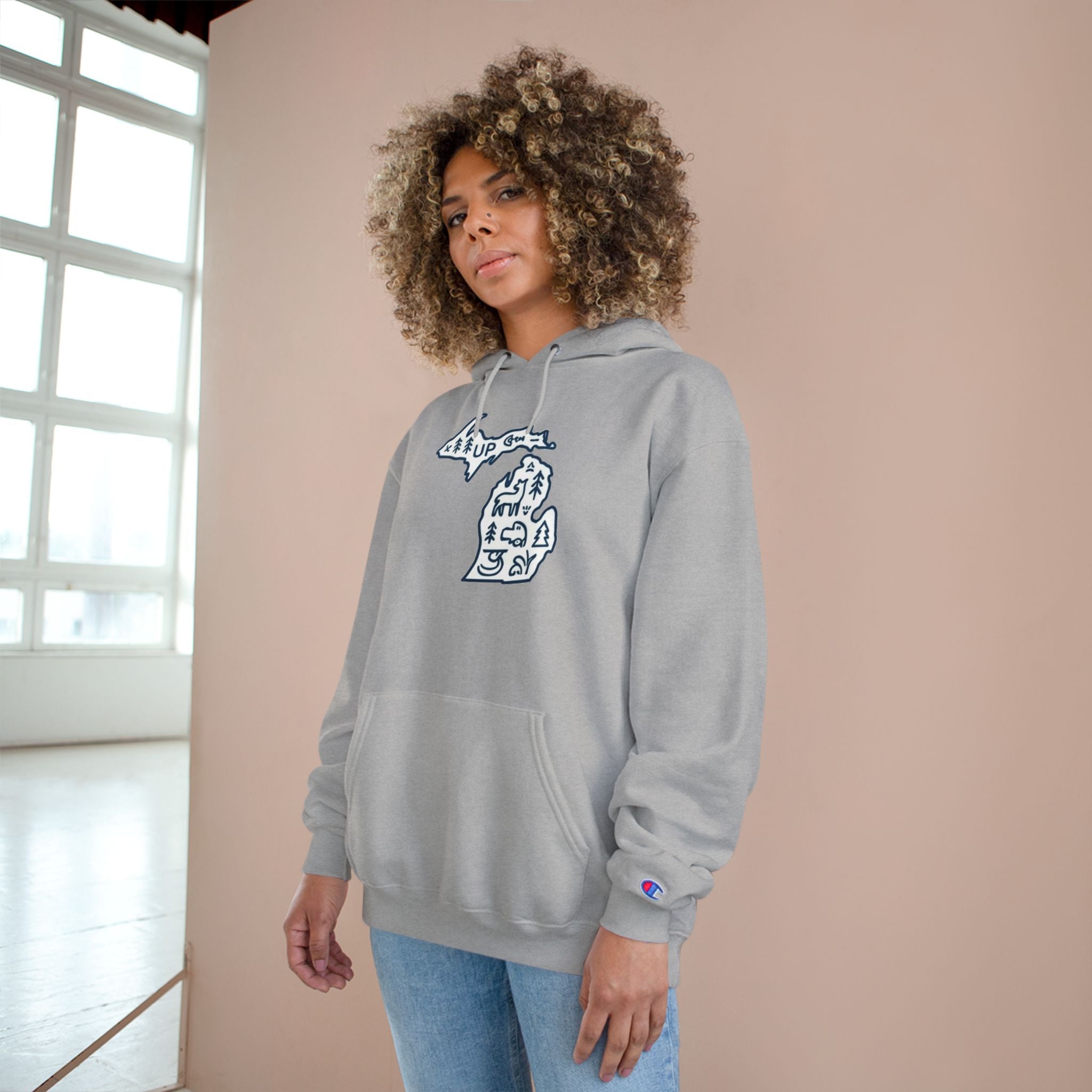 Michigan Map Champion Hoodie — Cozy State Pride Pullover with Iconic Symbols