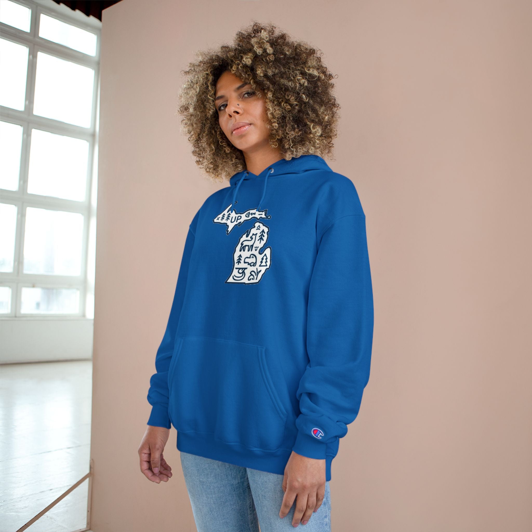Michigan Map Champion Hoodie — Cozy State Pride Pullover with Iconic Symbols