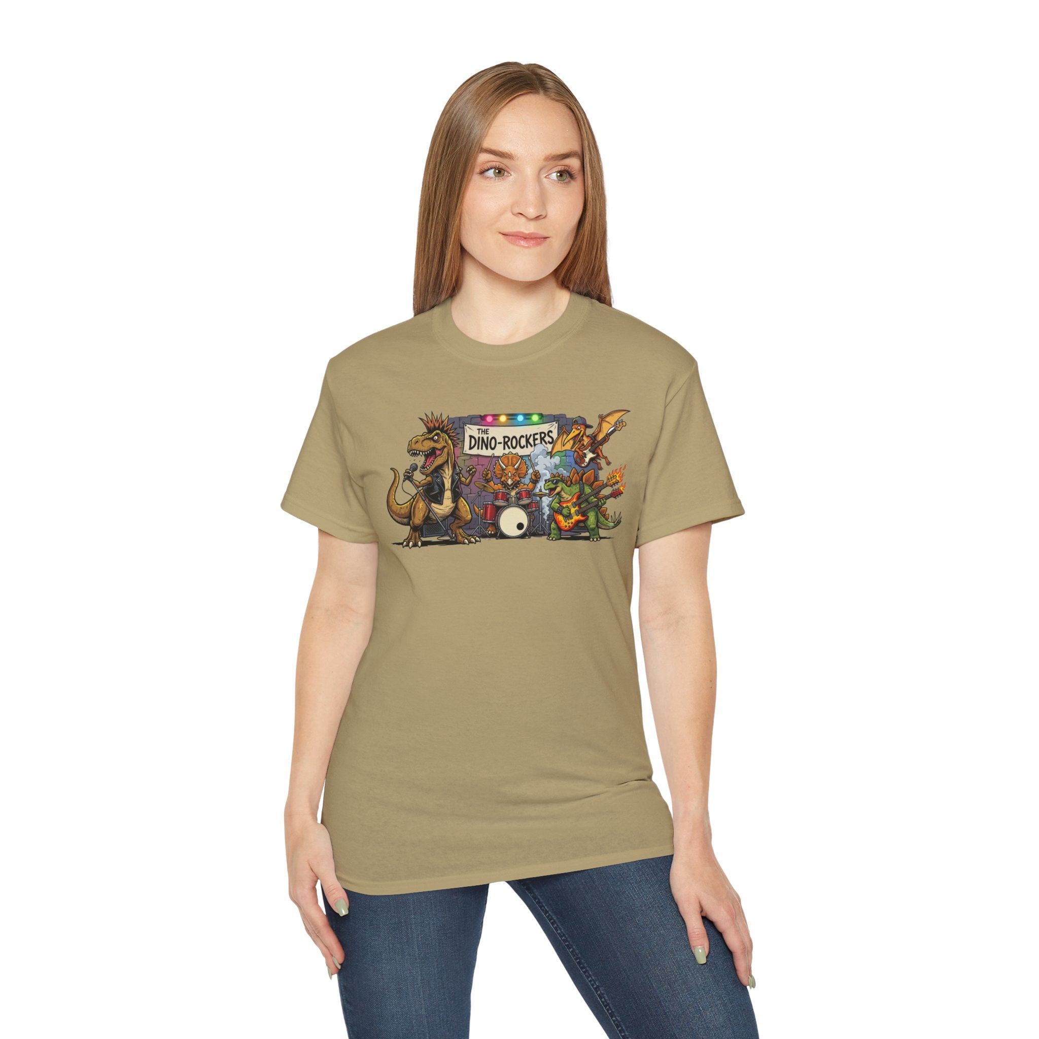 Dino Rockers T-Shirt – Retro Dinosaur Band Graphic Tee
