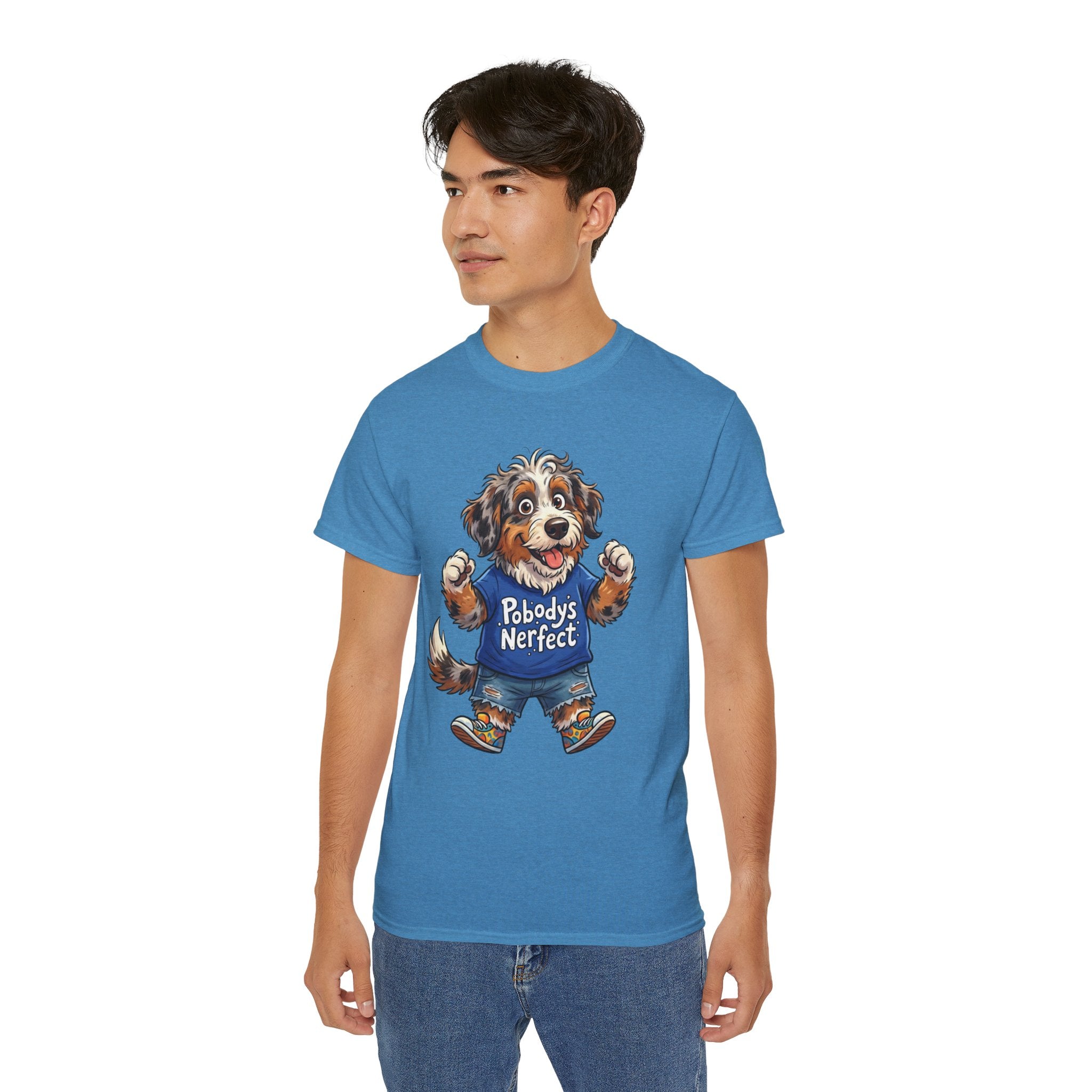 Dog Lover T‑Shirt – Cute Pup Wearing “Pobody's Nerfect” Shirt (Funny Pet Tee)