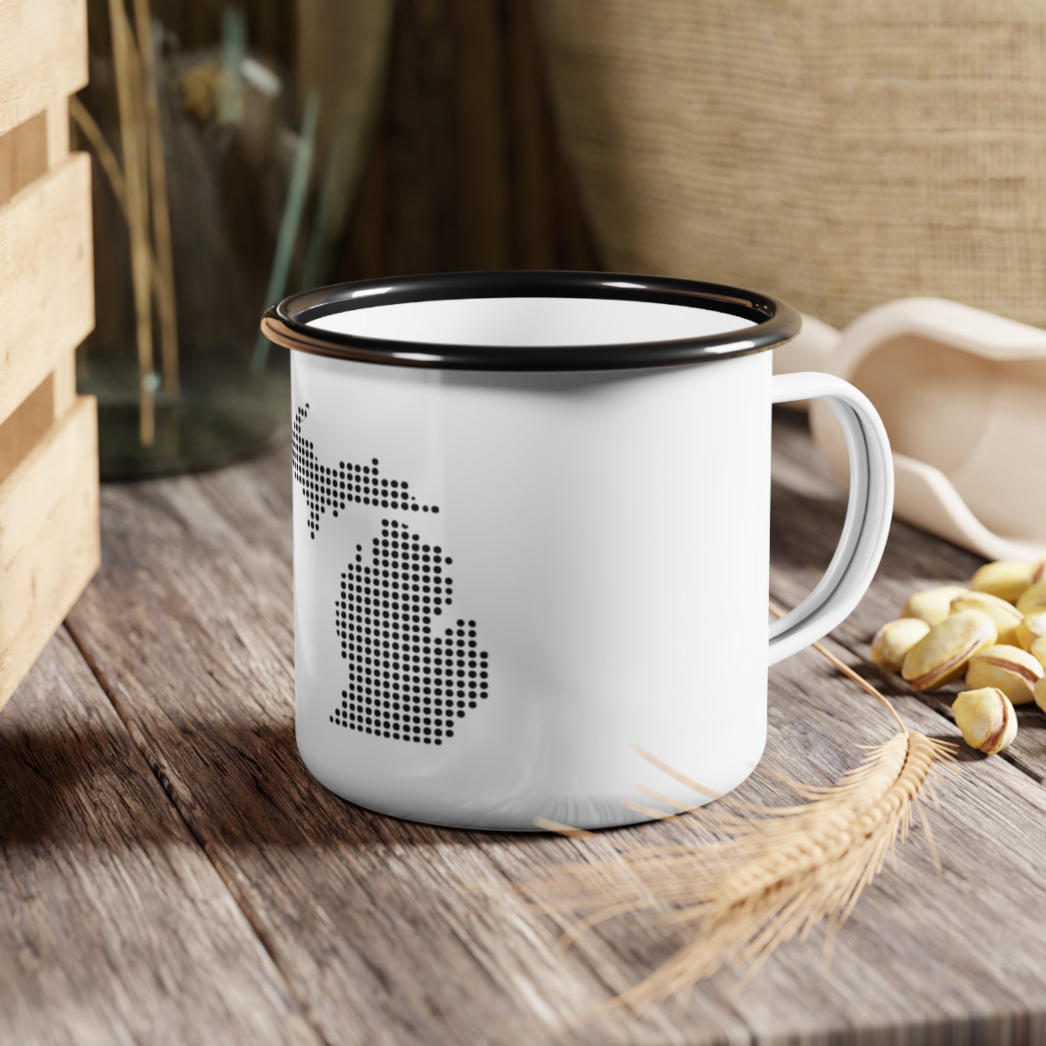 Michigan Dotted Map Enamel Camp Cup — Retro State Travel Coffee Mug