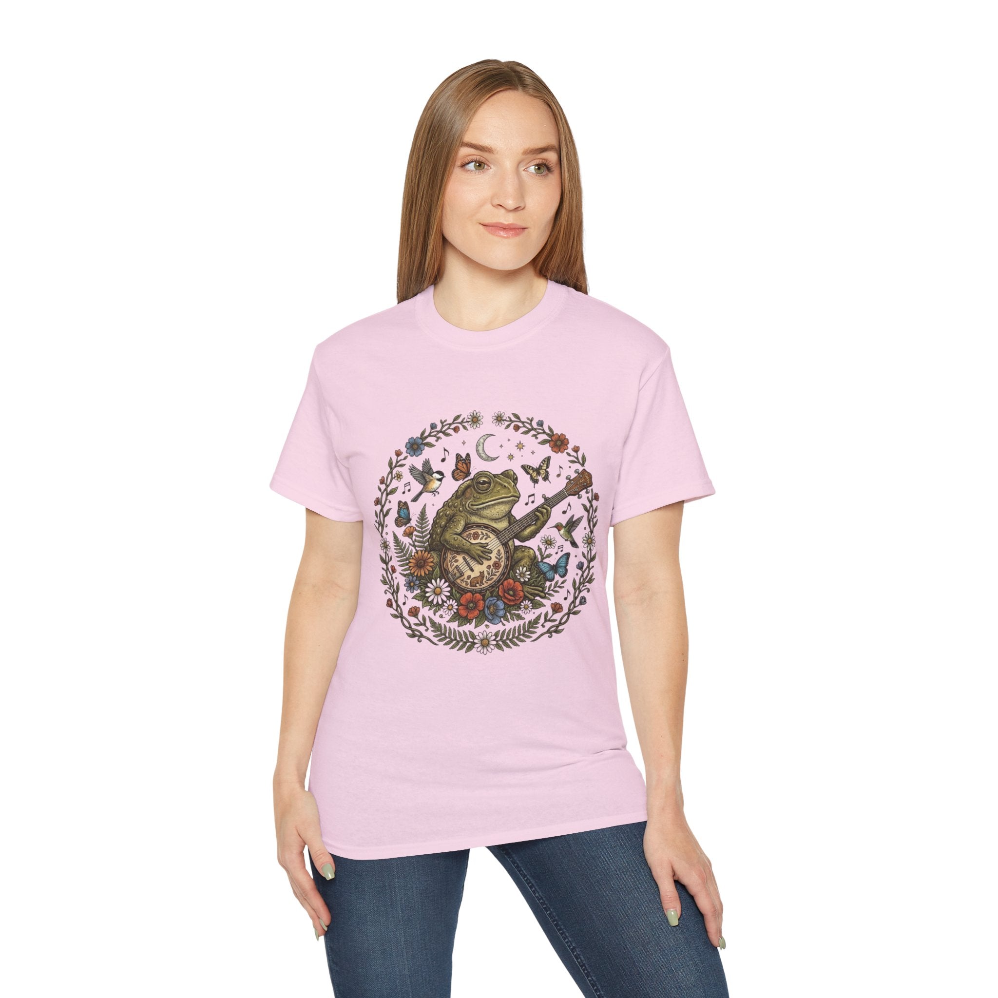 Folk Art Toad Banjo Tee — Floral Moonlight Frog Banjo  T-Shirt