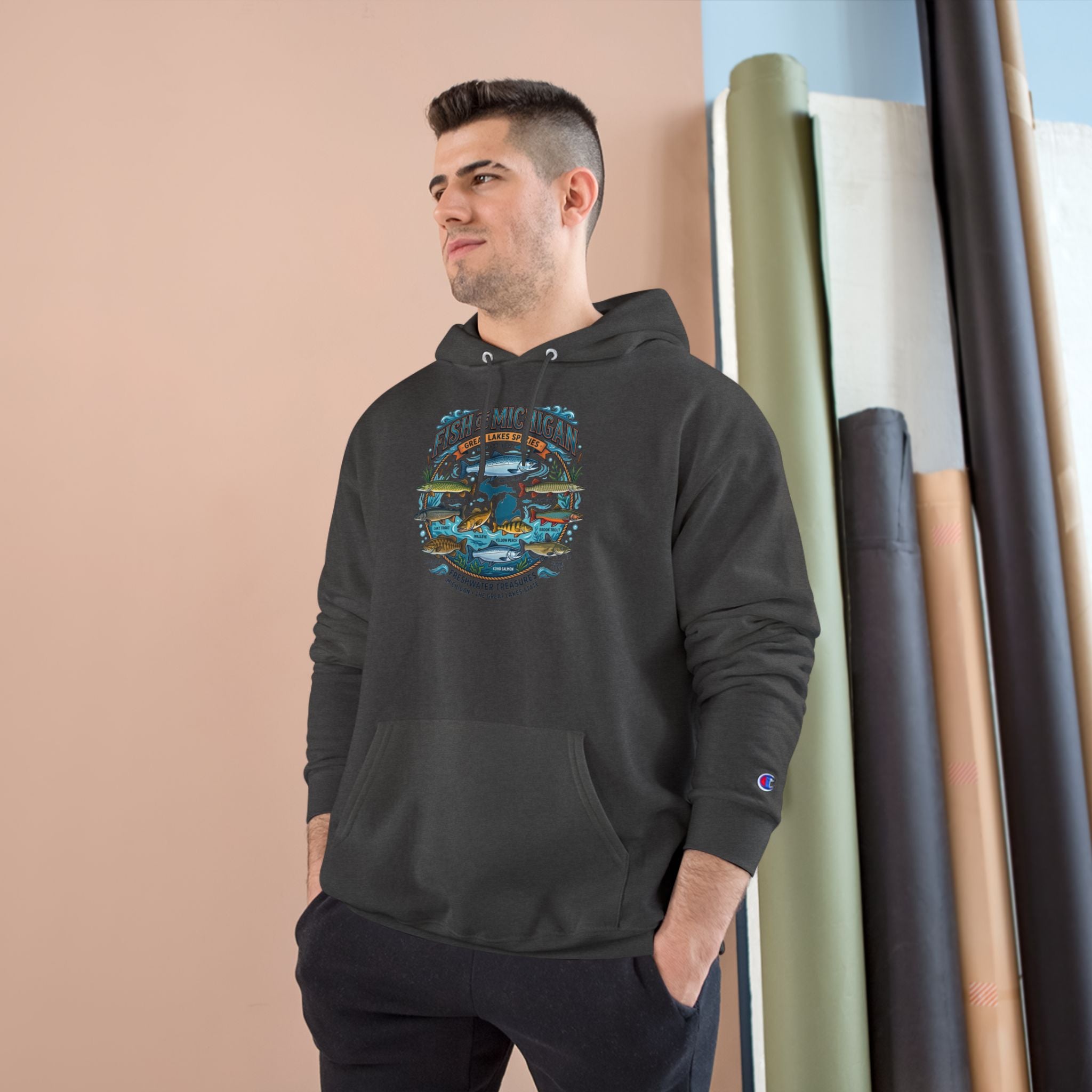 Retro Fishing Lakes Graphic Pullover Hoodie — Champion Hoodie