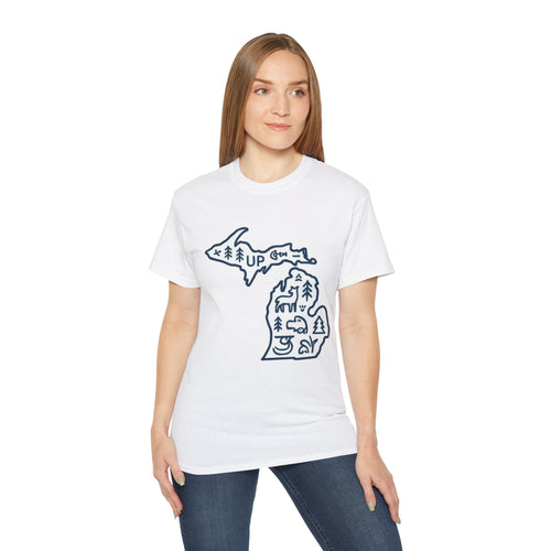 Michigan Outdoor Map T-Shirt — UP & Lower Peninsula Nature Design