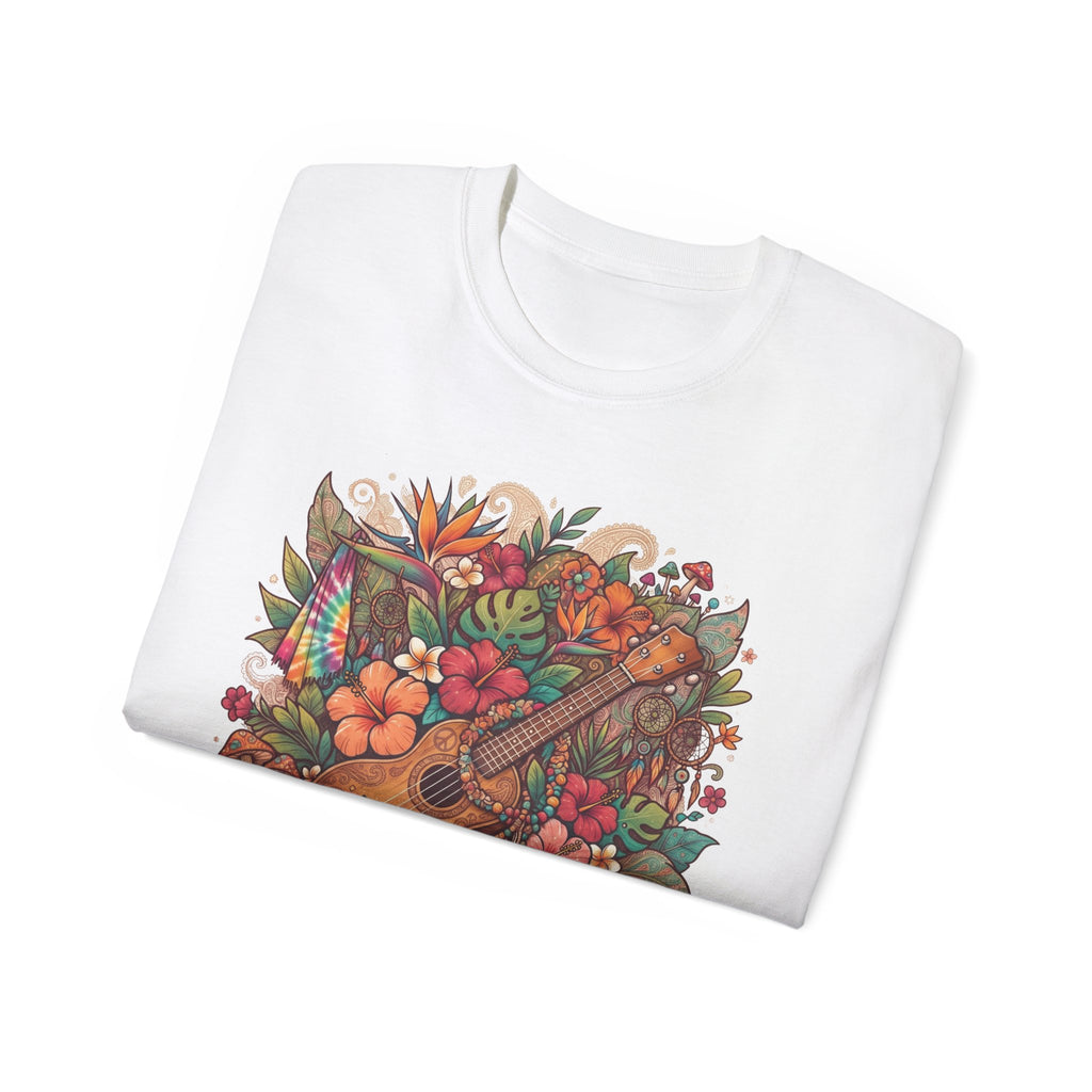Floral Ukulele T-Shirt — Tropical Guitar & Hibiscus Flower Tee