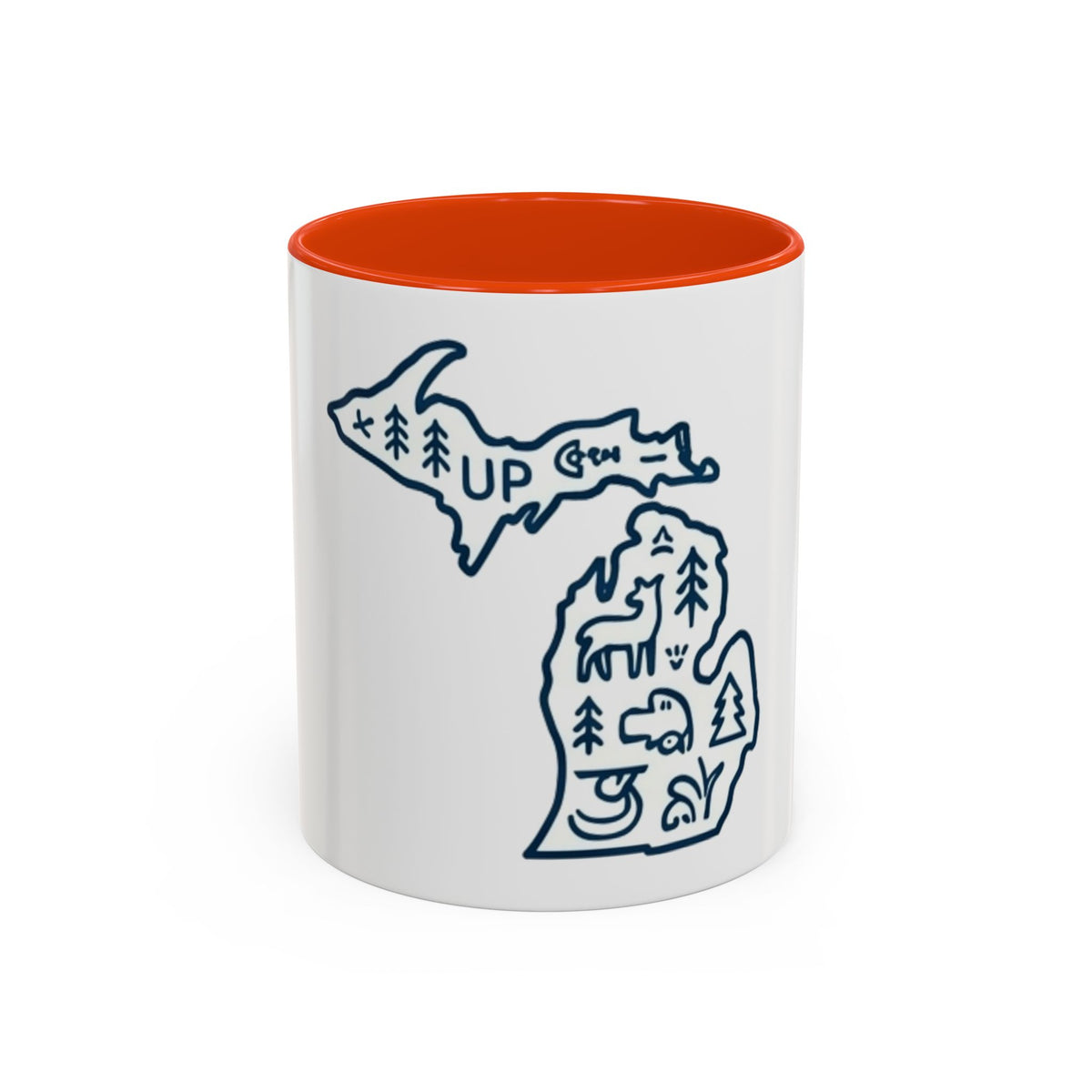 Michigan Outline Mug with UP & Outdoor Icons – Great Lakes State Coffee Cup (11oz/15oz)