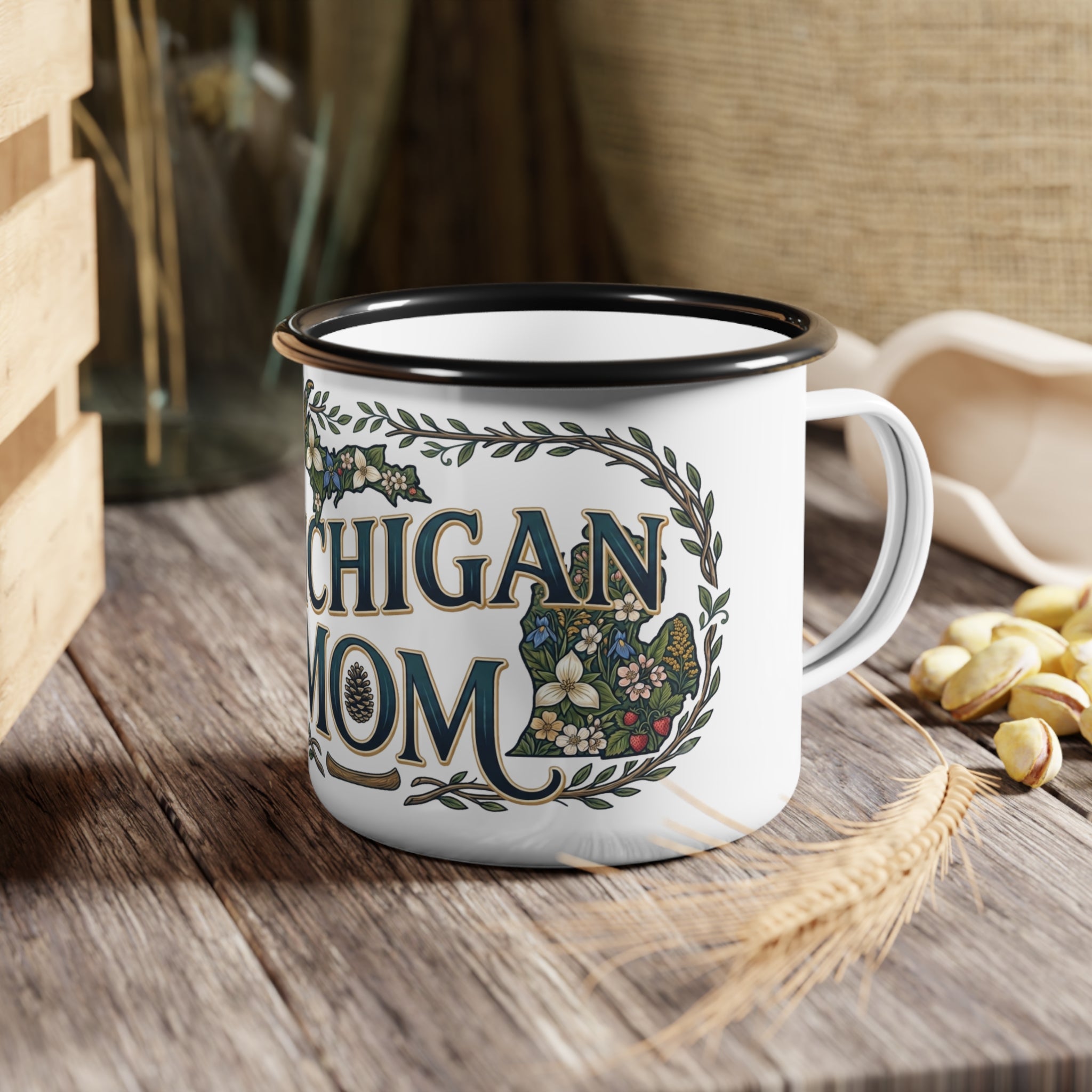 Michigan Mom Enamel Camp Cup — Vintage State Floral Camping Mug