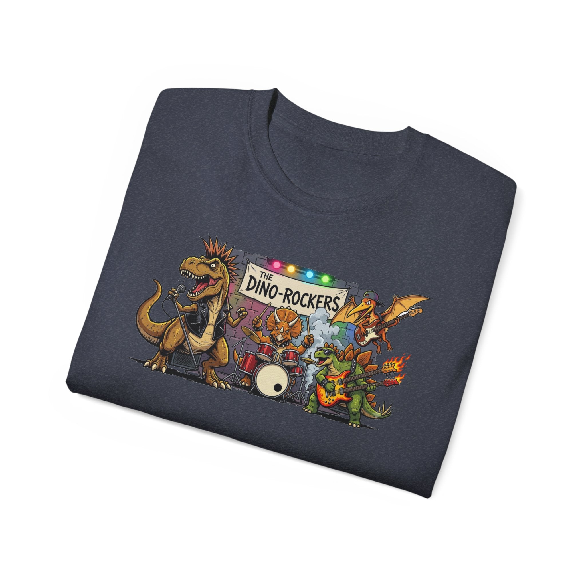 Dino Rockers T-Shirt – Retro Dinosaur Band Graphic Tee