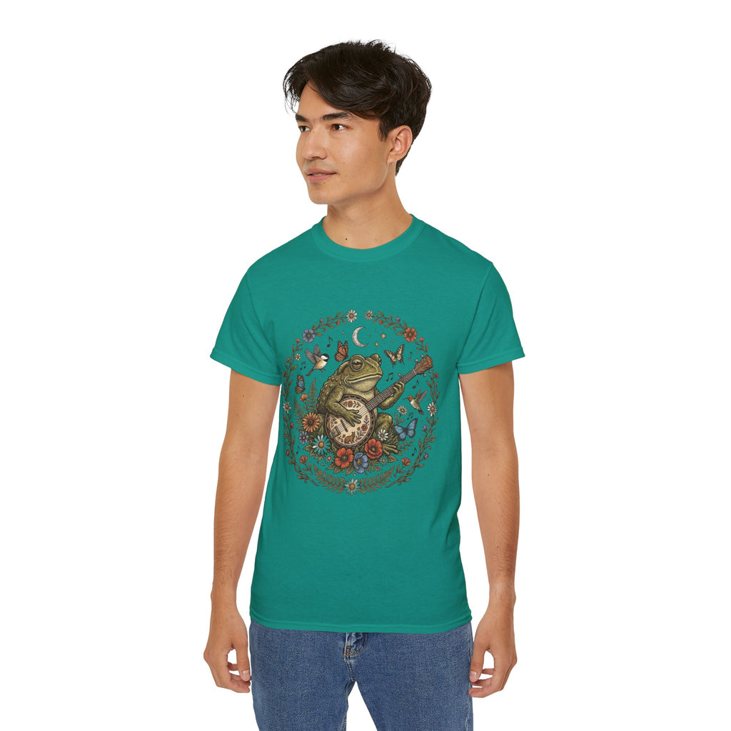 Folk Art Toad Banjo Tee — Floral Moonlight Frog Banjo  T-Shirt
