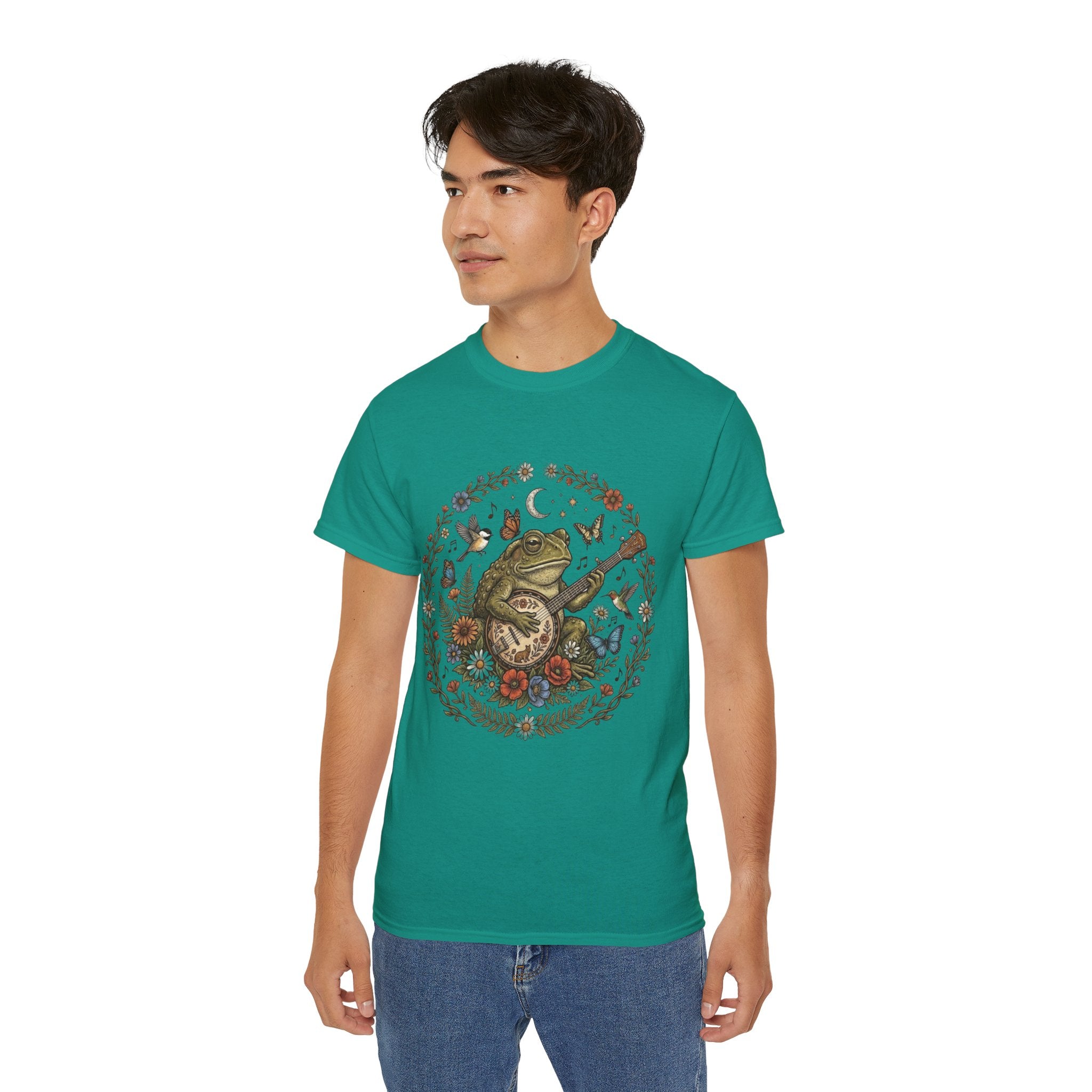 Folk Art Toad Banjo Tee — Floral Moonlight Frog Banjo  T-Shirt