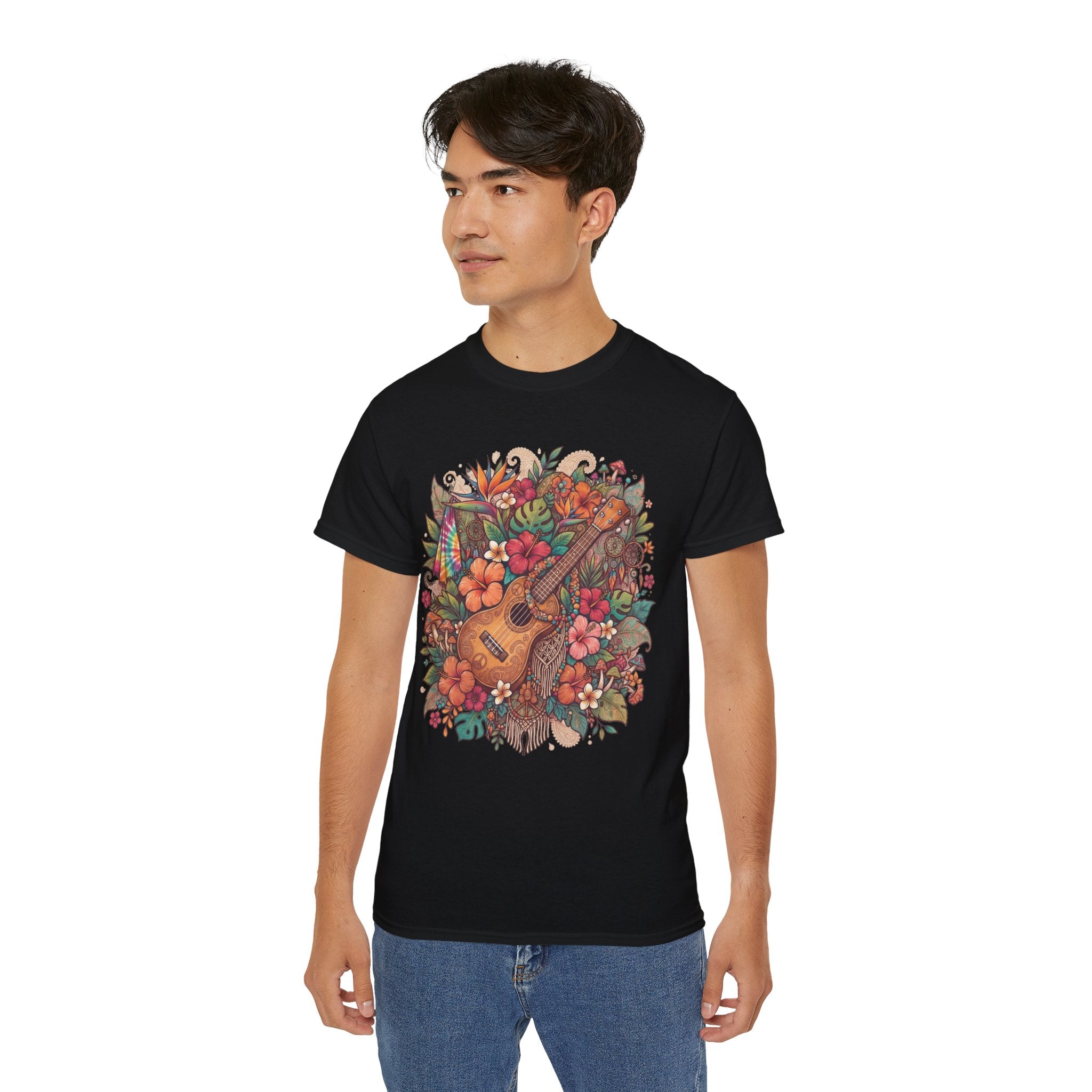 Floral Ukulele T-Shirt — Tropical Guitar & Hibiscus Flower Tee