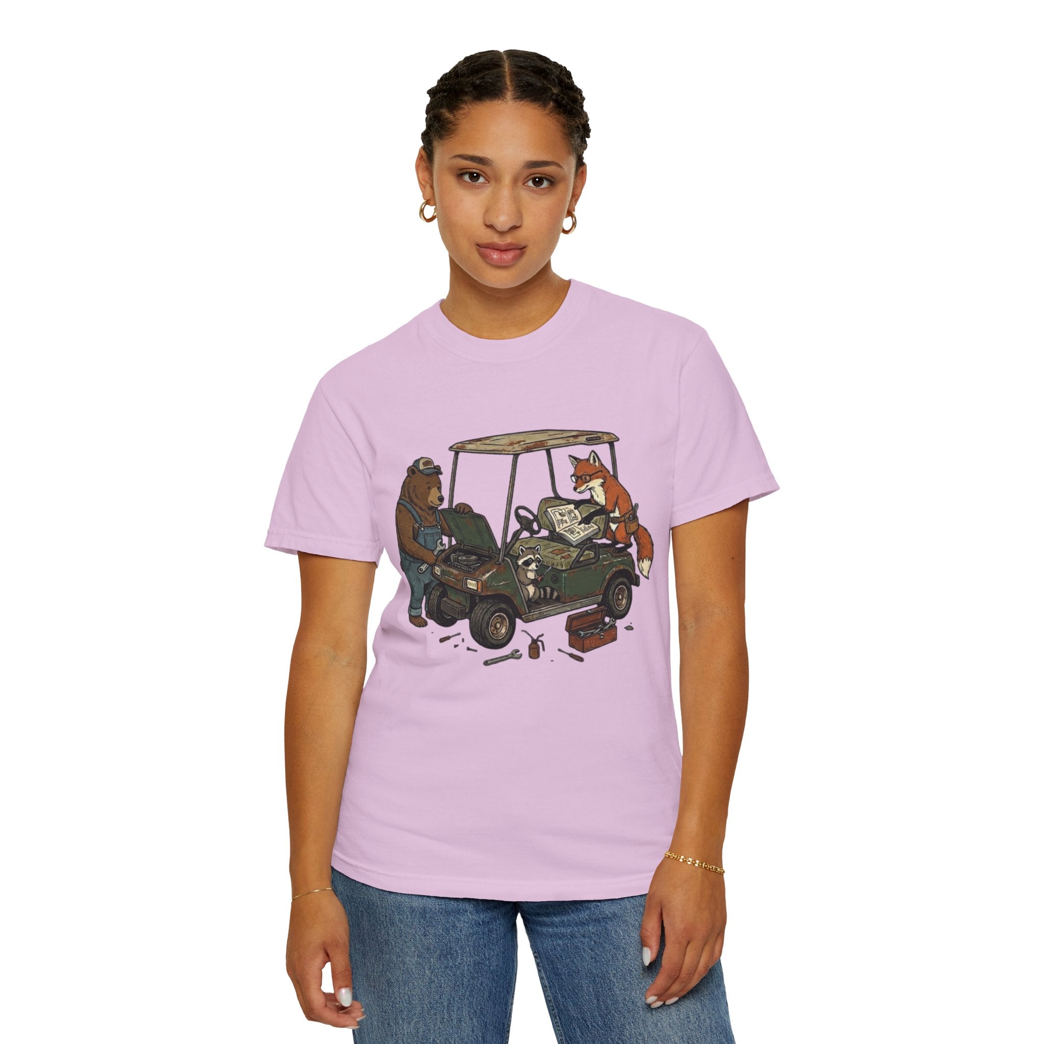 Golf Cart Mechanics T-Shirt — Bear & Fox Cartoon Repair Design