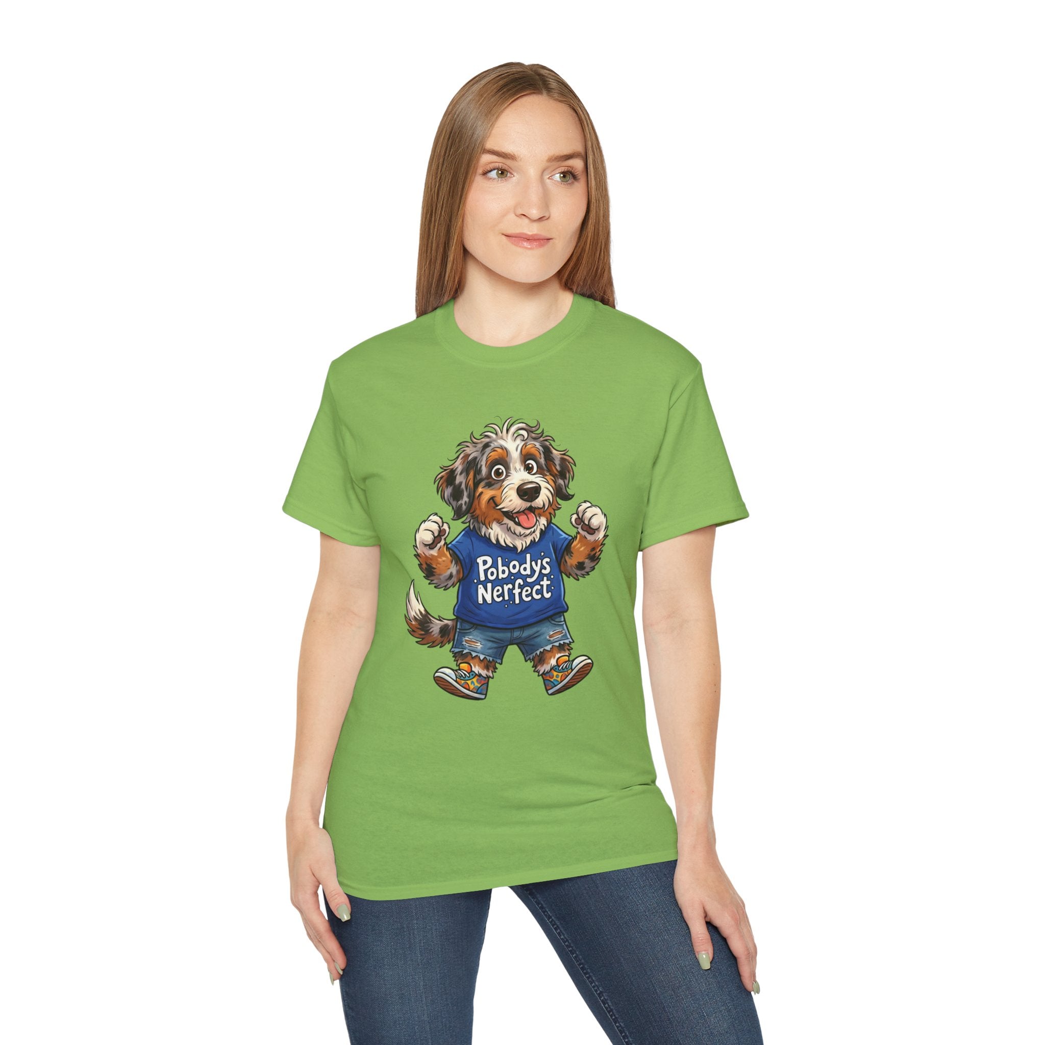 Dog Lover T‑Shirt – Cute Pup Wearing “Pobody's Nerfect” Shirt (Funny Pet Tee)