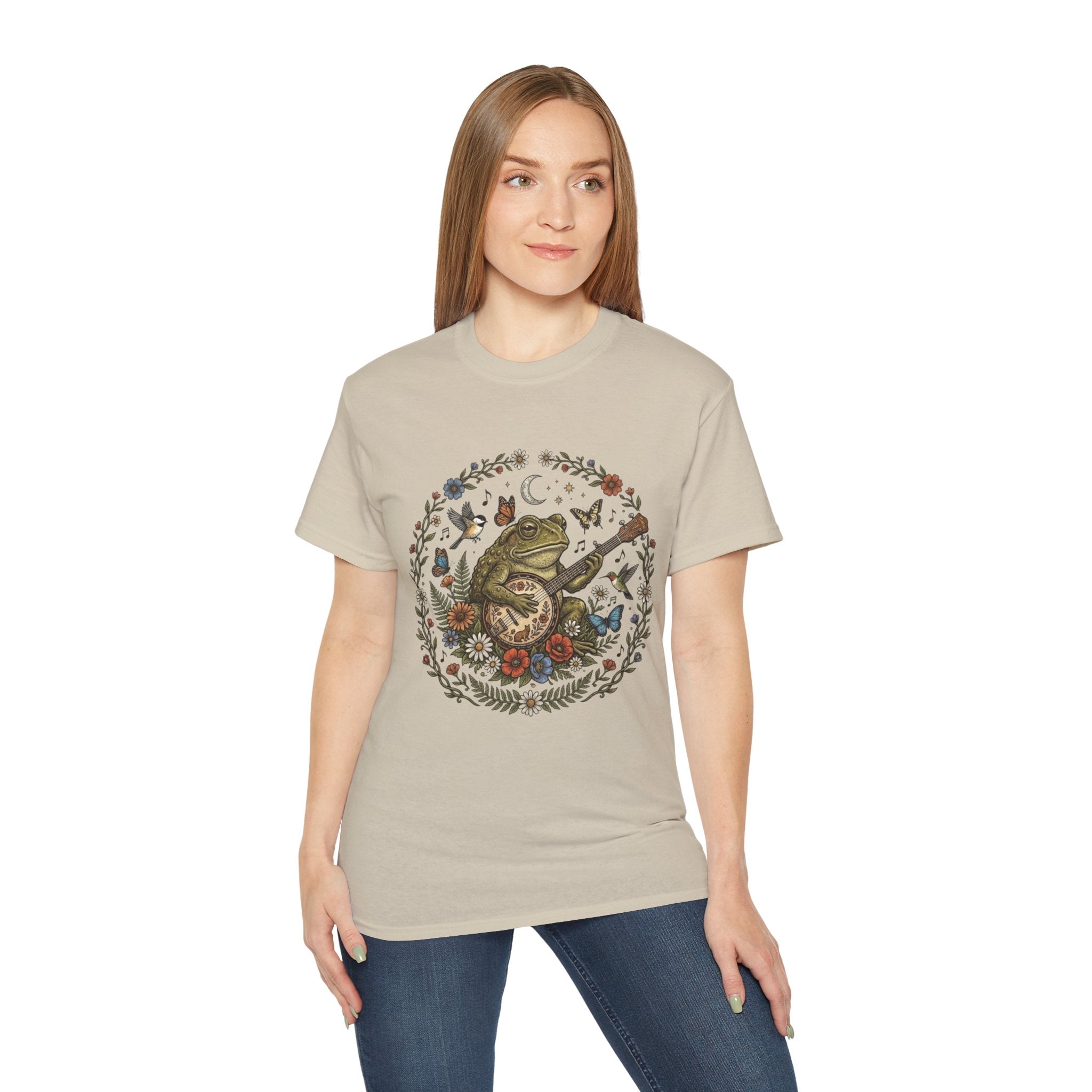 Folk Art Toad Banjo Tee — Floral Moonlight Frog Banjo  T-Shirt