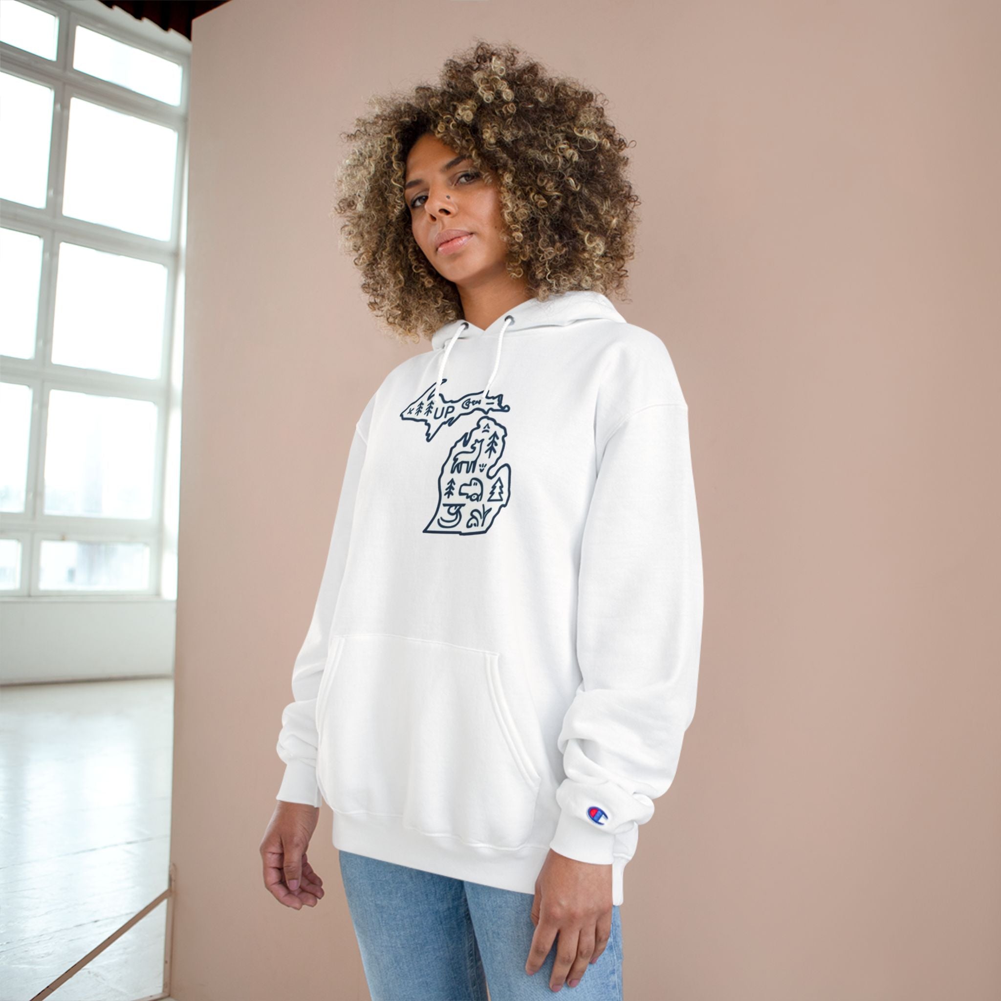 Michigan Map Champion Hoodie — Cozy State Pride Pullover with Iconic Symbols
