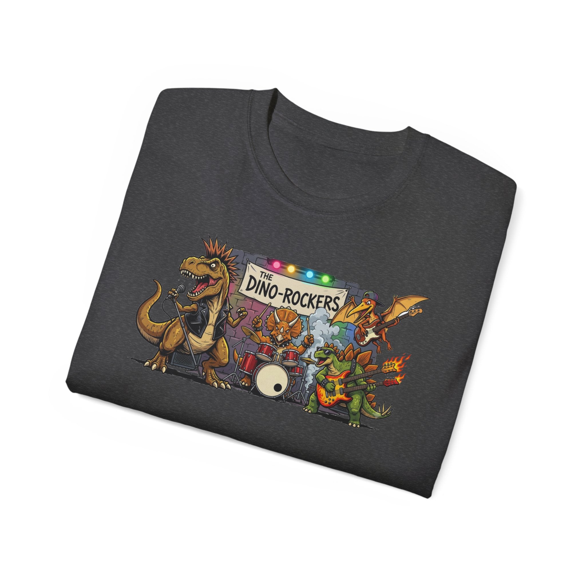 Dino Rockers T-Shirt – Retro Dinosaur Band Graphic Tee