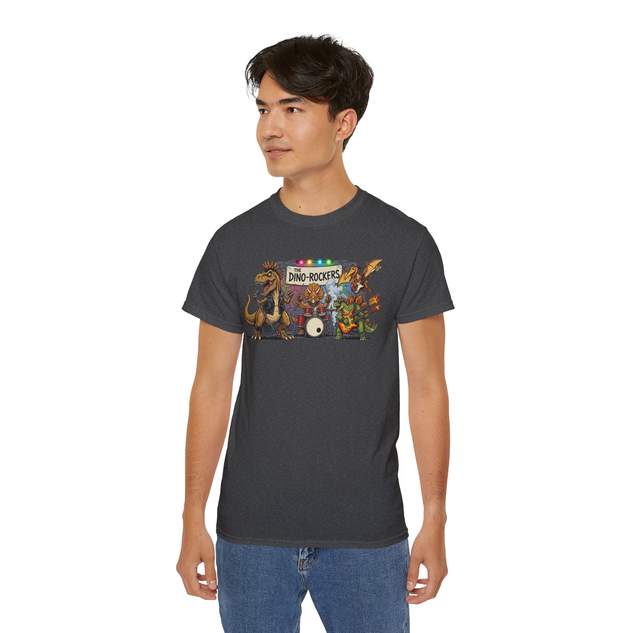 Dino Rockers T-Shirt – Retro Dinosaur Band Graphic Tee