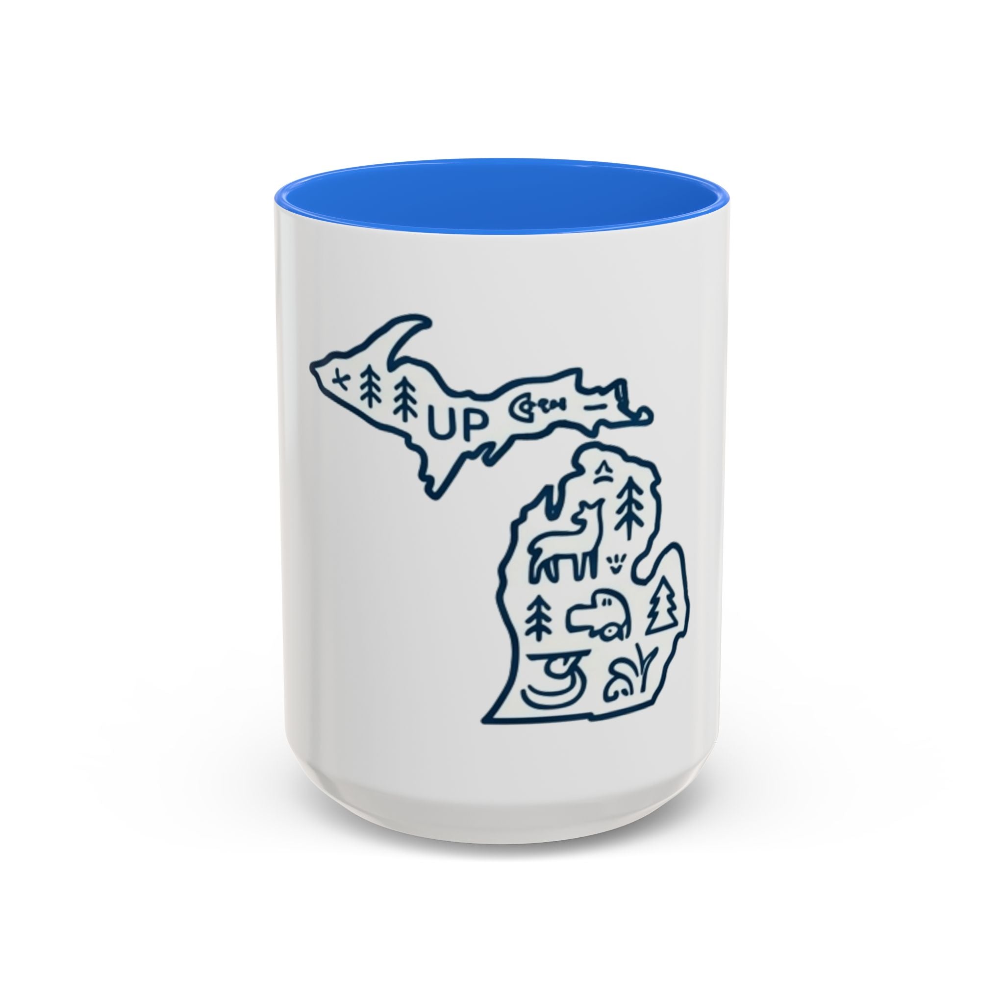 Michigan Outline Mug with UP & Outdoor Icons – Great Lakes State Coffee Cup (11oz/15oz)