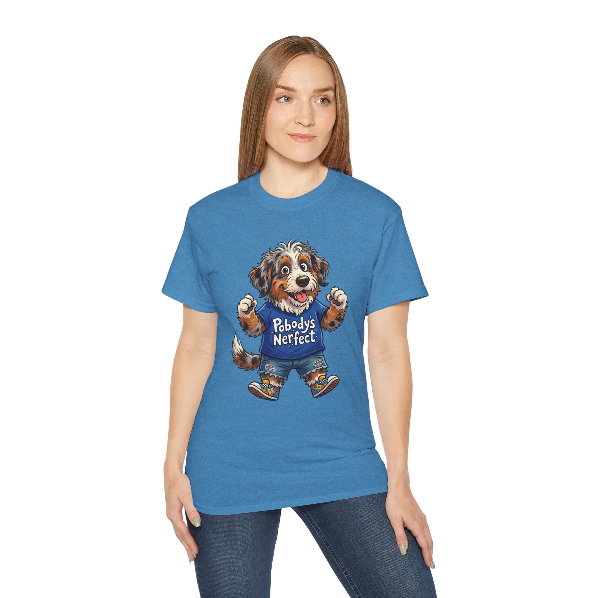 Dog Lover T‑Shirt – Cute Pup Wearing “Pobody's Nerfect” Shirt (Funny Pet Tee)