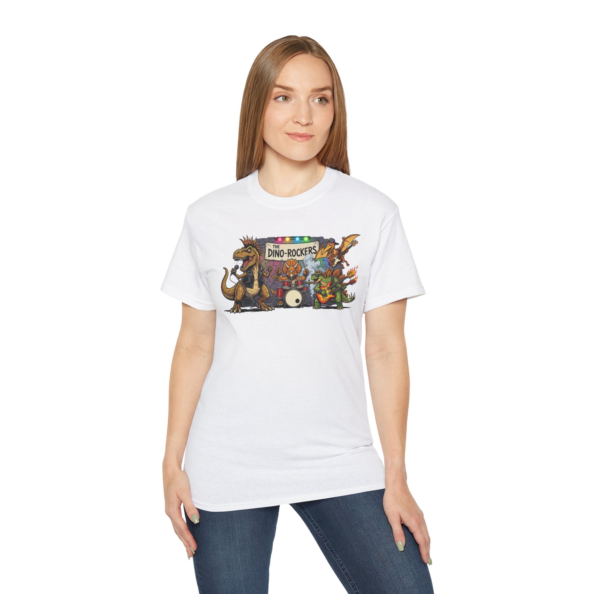Dino Rockers T-Shirt – Retro Dinosaur Band Graphic Tee