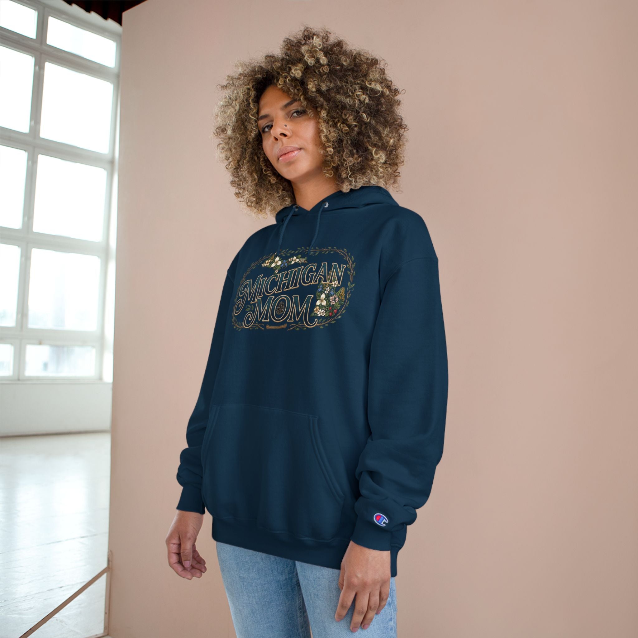 Michigan Mom Hoodie – Champion Pullover with Vintage State Floral Design