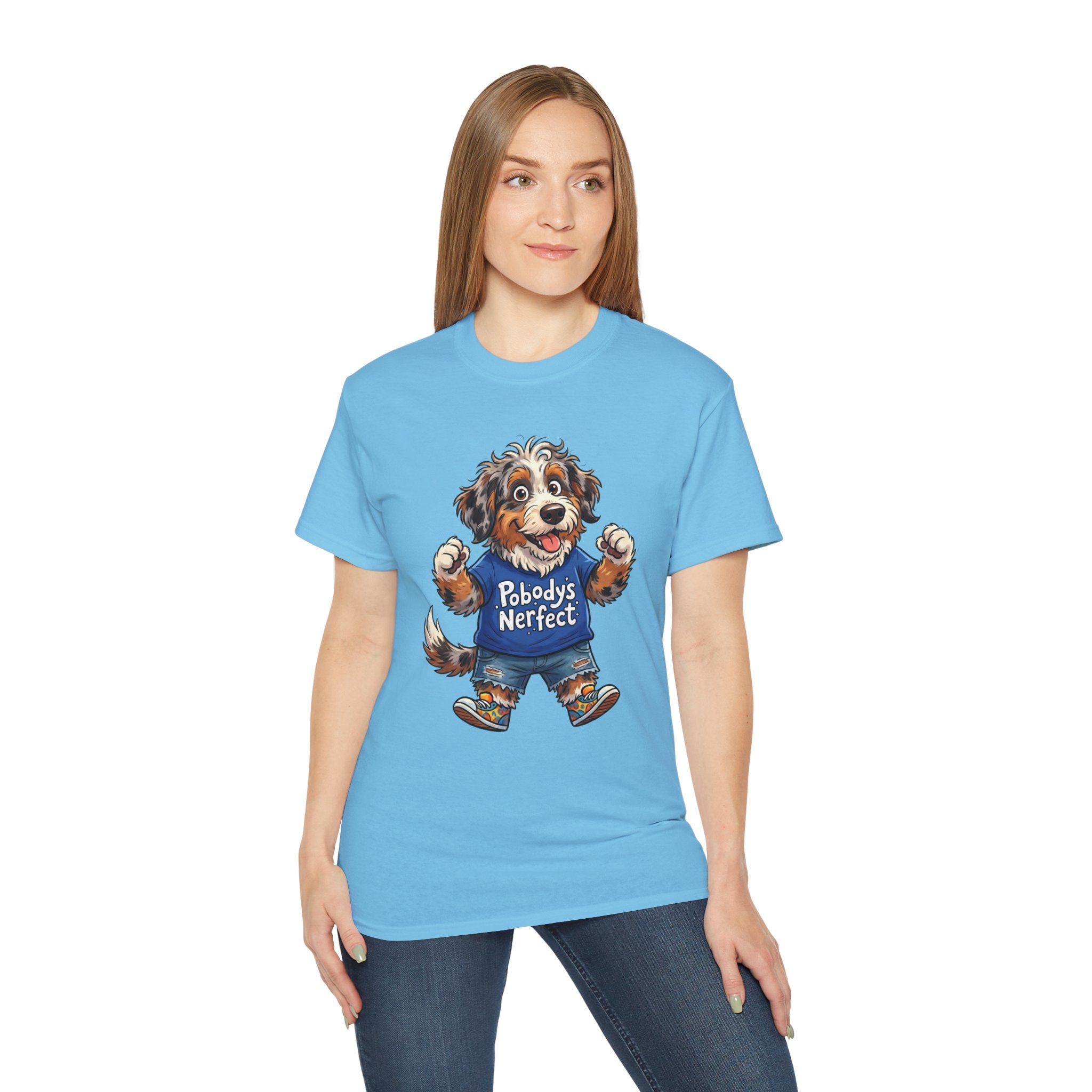 Dog Lover T‑Shirt – Cute Pup Wearing “Pobody's Nerfect” Shirt (Funny Pet Tee)