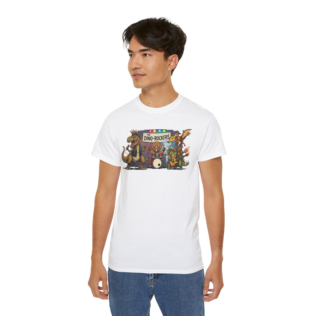 Dino Rockers T-Shirt – Retro Dinosaur Band Graphic Tee