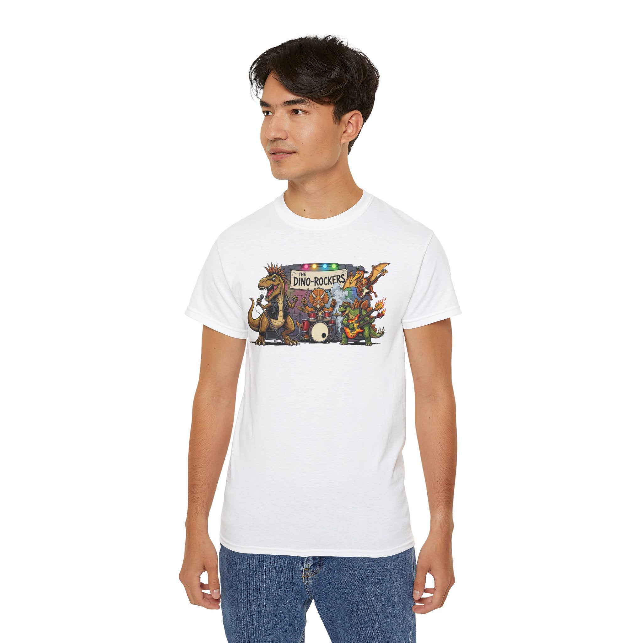 Dino Rockers T-Shirt – Retro Dinosaur Band Graphic Tee