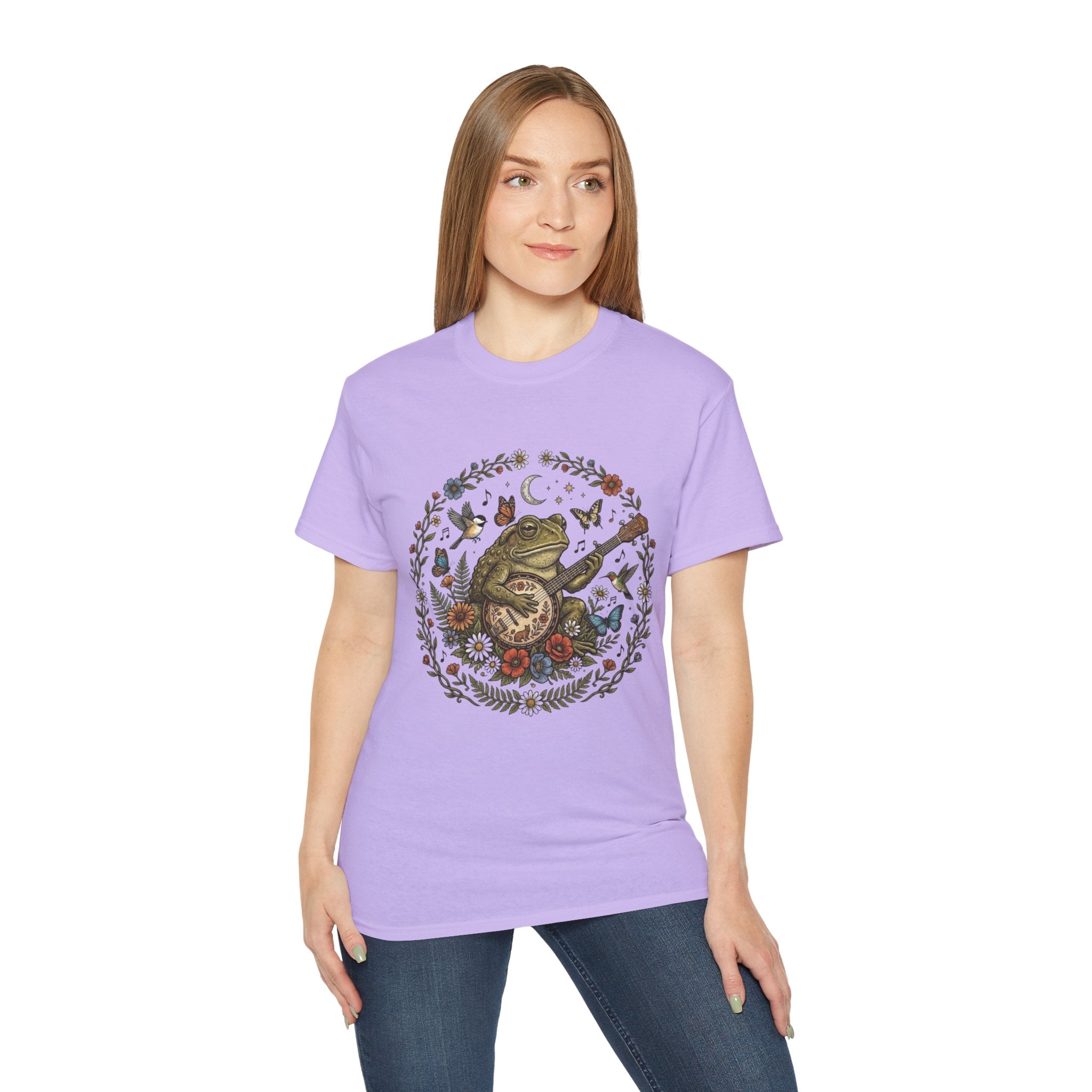 Folk Art Toad Banjo Tee — Floral Moonlight Frog Banjo  T-Shirt