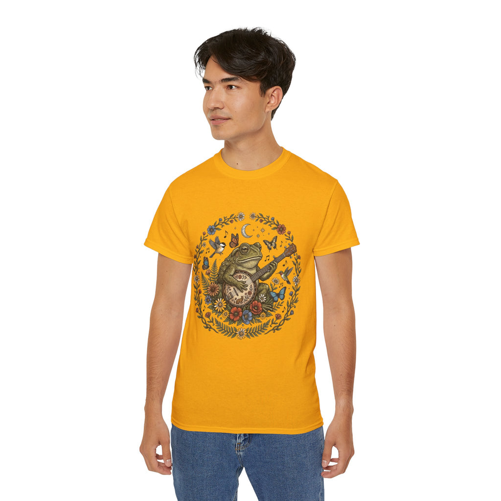 Folk Art Toad Banjo Tee — Floral Moonlight Frog Banjo  T-Shirt