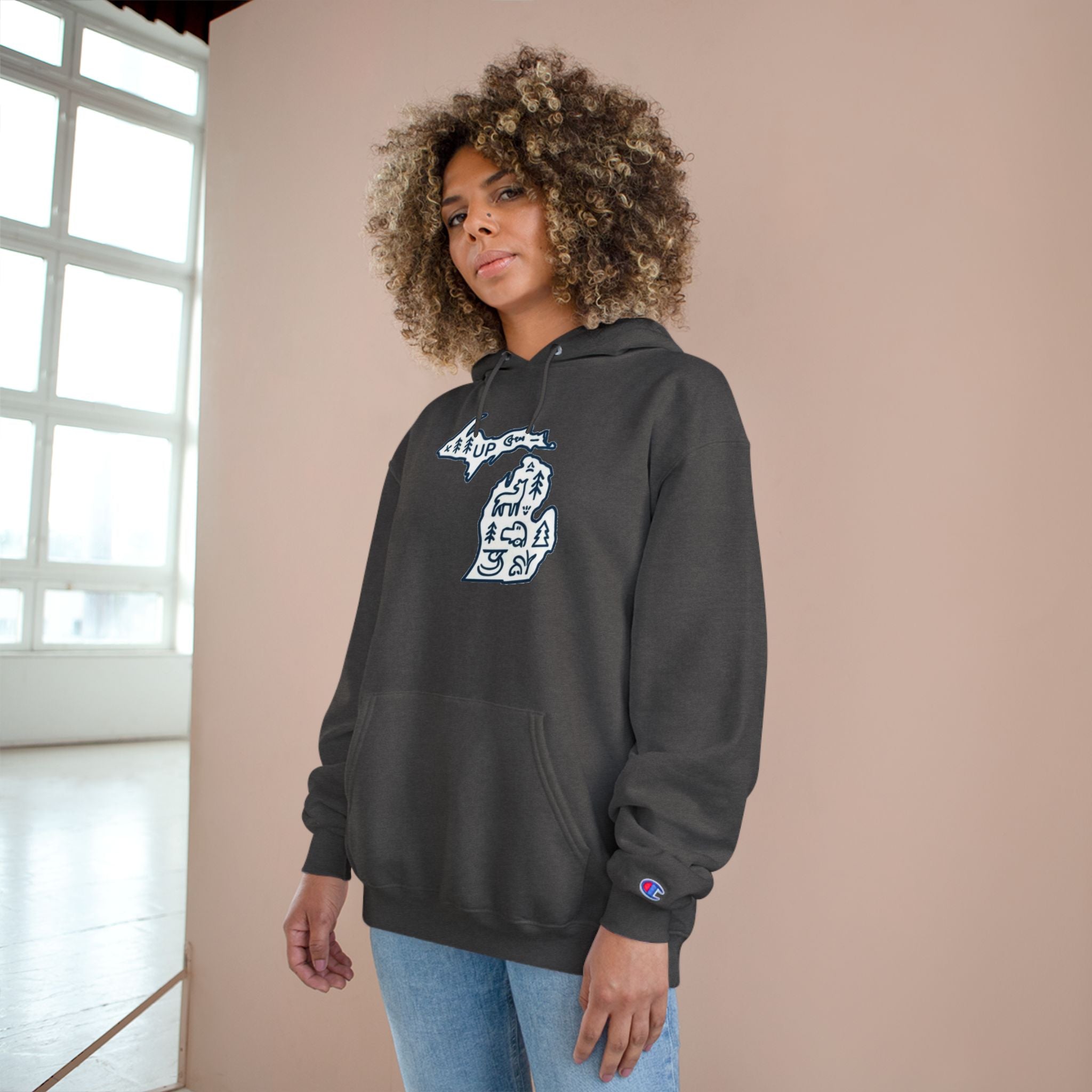 Michigan Map Champion Hoodie — Cozy State Pride Pullover with Iconic Symbols