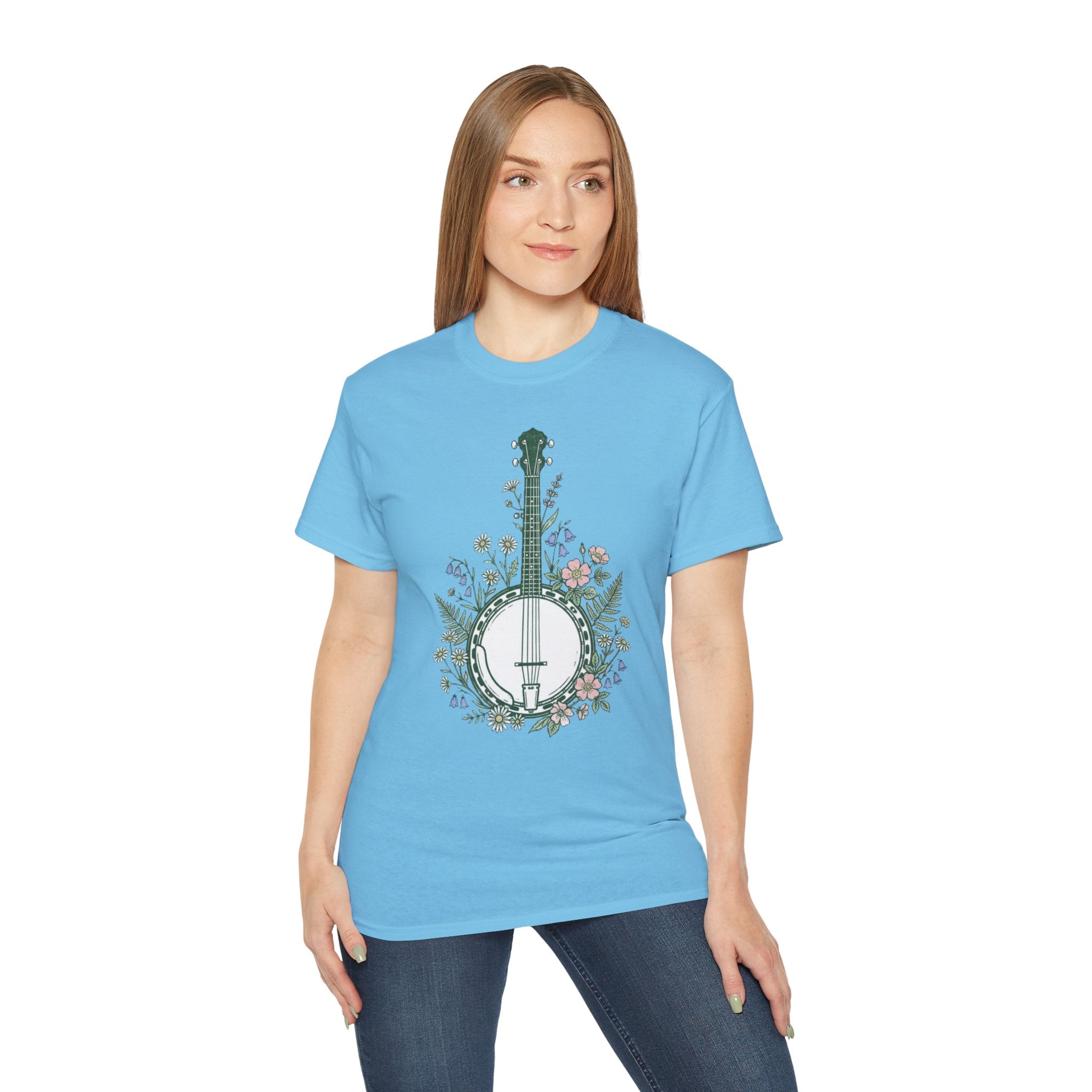 Floral Banjo Tee — Botanical Music Graphic T-Shirt