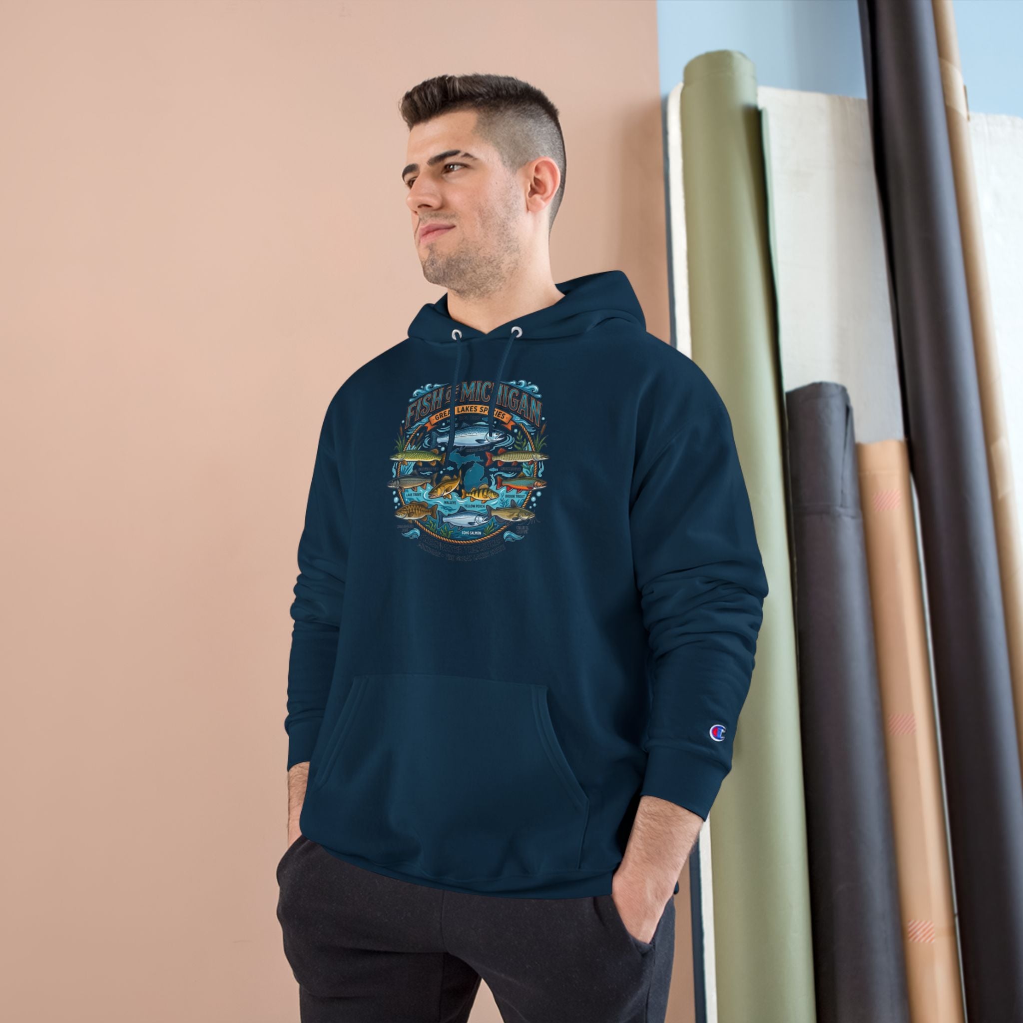 Retro Fishing Lakes Graphic Pullover Hoodie — Champion Hoodie