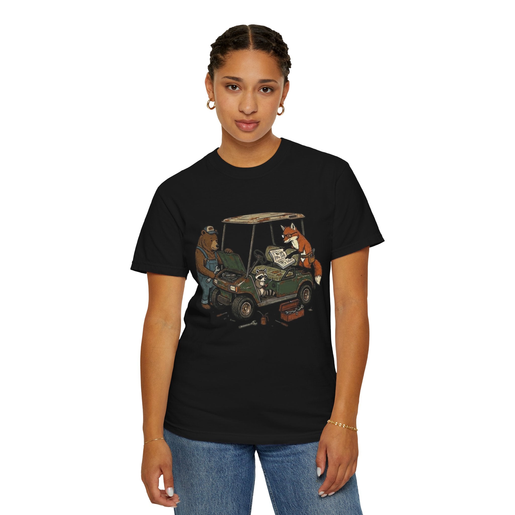 Golf Cart Mechanics T-Shirt — Bear & Fox Cartoon Repair Design