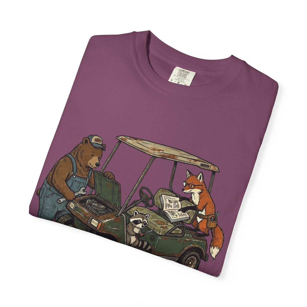 Golf Cart Mechanics T-Shirt — Bear & Fox Cartoon Repair Design