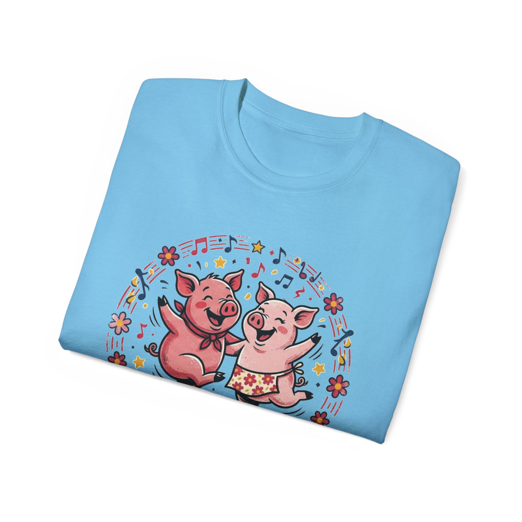 Hog Wild Dance Party Tee — Cute Dancing Pigs Graphic T-Shirt