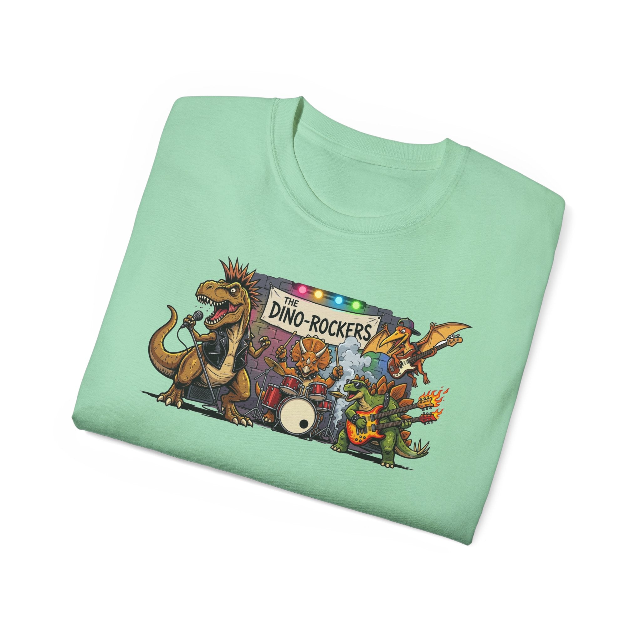 Dino Rockers T-Shirt – Retro Dinosaur Band Graphic Tee